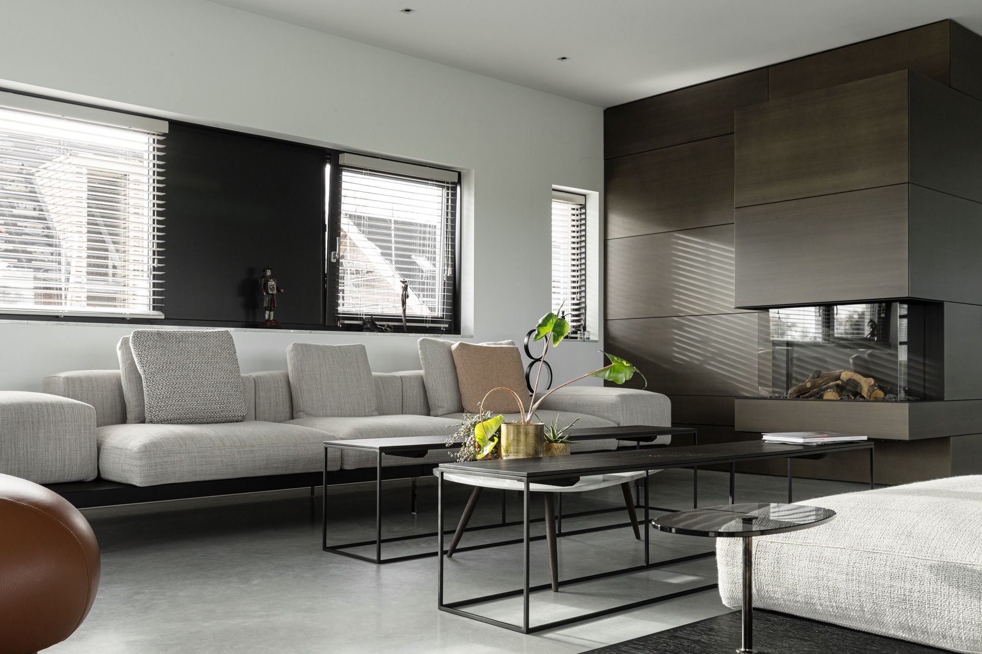 pareti in cemento decorativo: soggiorno con pavimento in cemento grigio, grandi finestre con persiane e parete scura, Luxury, Design, Exclusive, Modern, Custom Made, Special, Beautiful