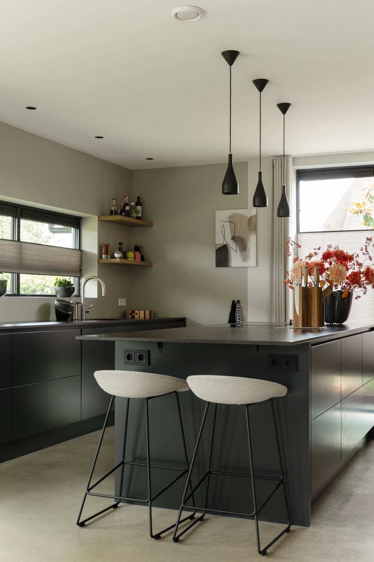 concrete floor in detached house: modern kitchen with island, pendant lights, and light grey concrete floor, Luxury, Design, Exclusive, Modern, Custom Made, Special, Beautiful