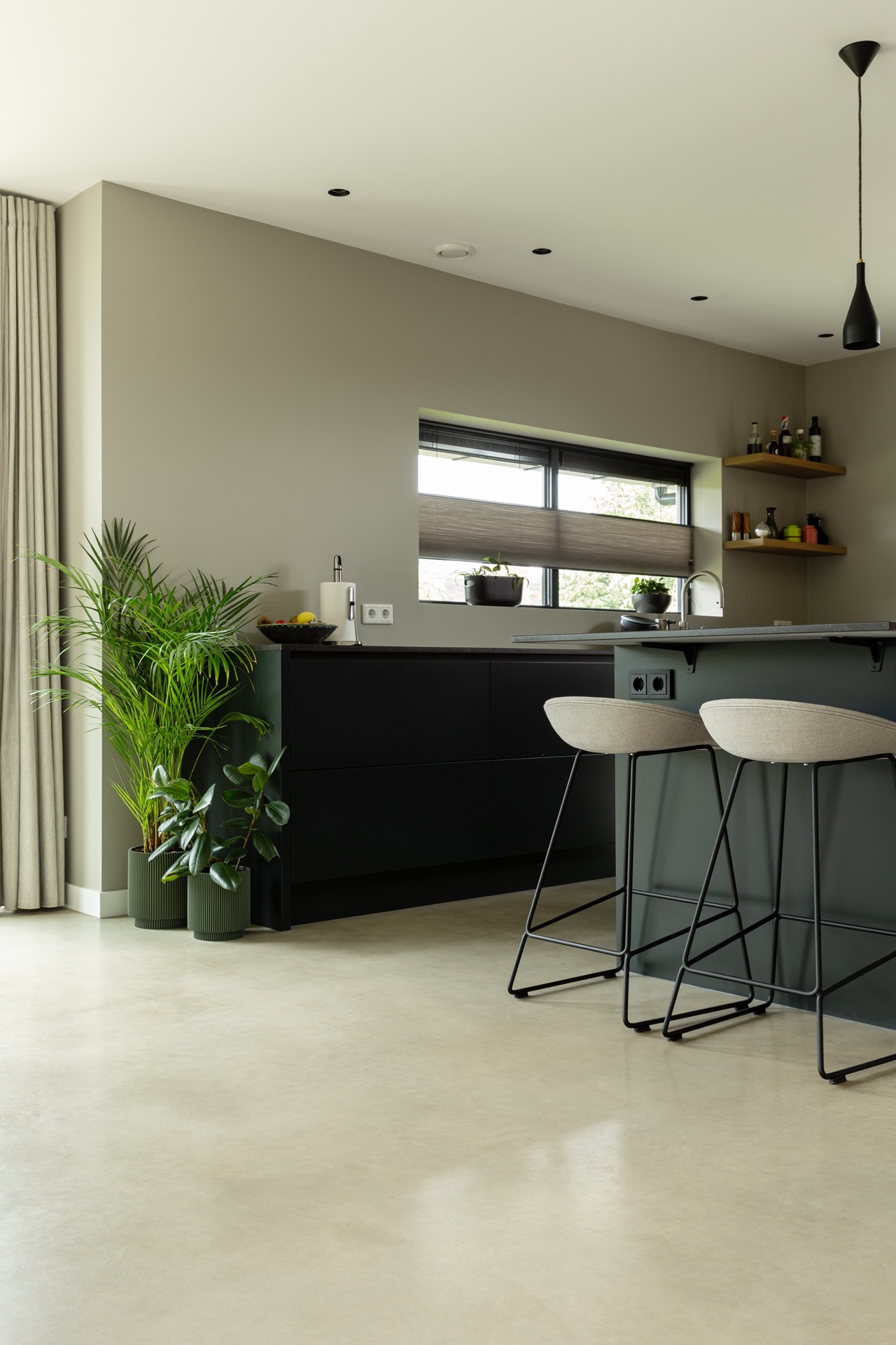 concrete floor in detached house: modern kitchen with dark cabinetry, wood accents, and light grey concrete floor, Luxury, Design, Exclusive, Modern, Custom Made, Special, Beautiful