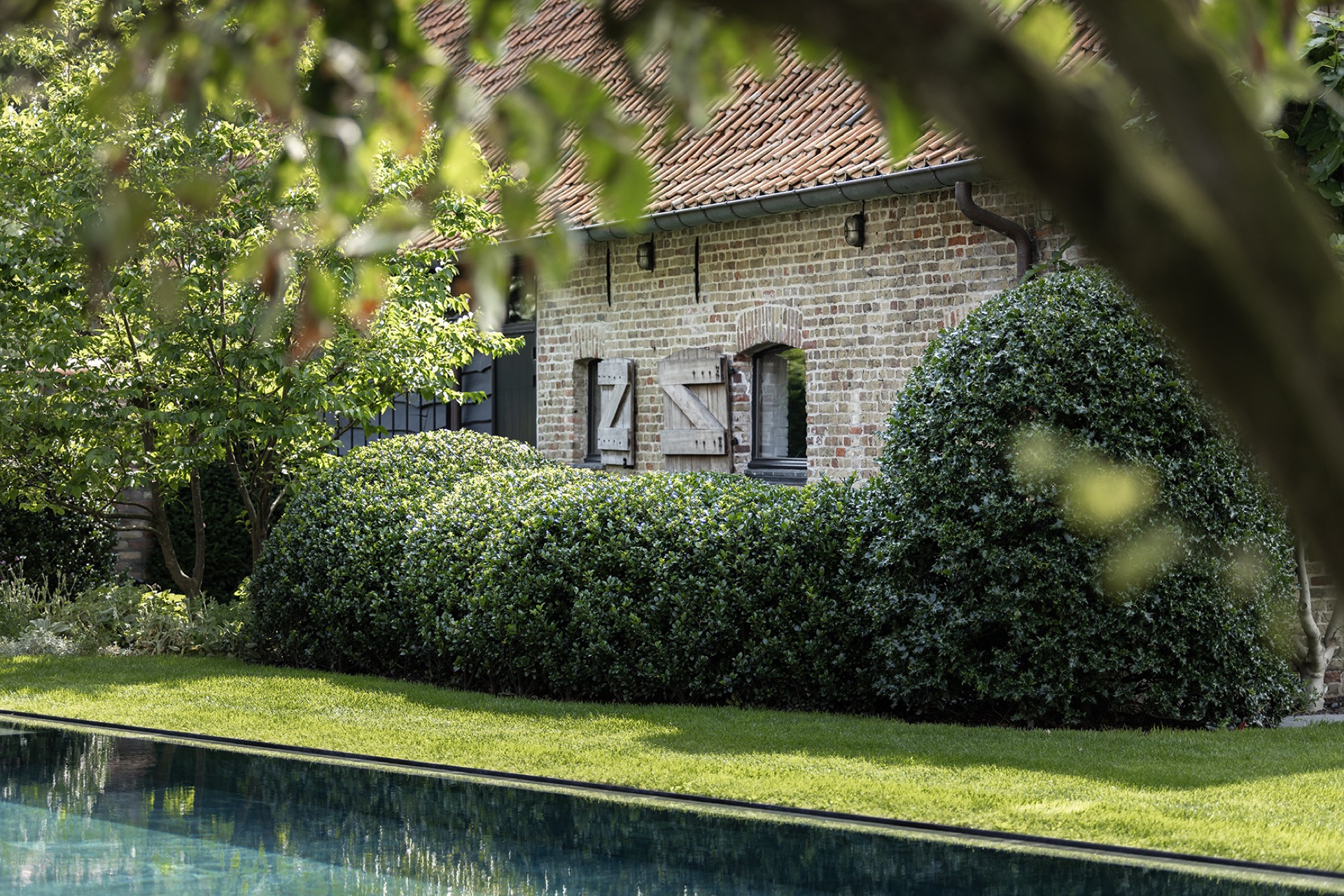 giardino di fattoria con piscina: vista della facciata di fattoria attraverso la vegetazione, con riflesso dell’acqua della, Luxury, Design, Exclusive, Modern, Custom Made, Special, Beautiful