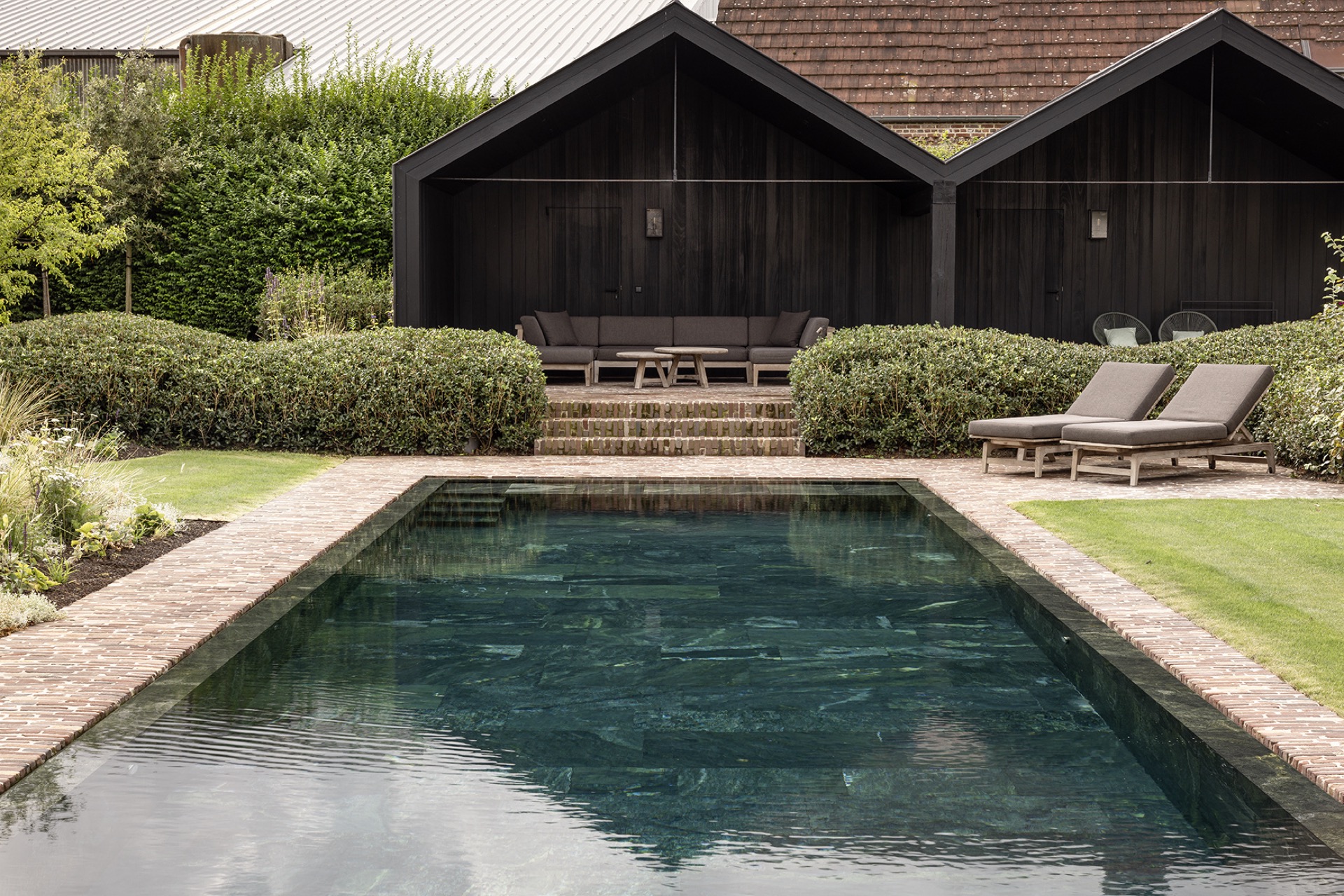 landscape garden sightline: pool in the foreground with a garden facade and an open passage in the background, Luxury, Design, Exclusive, Modern, Custom Made, Special, Beautiful