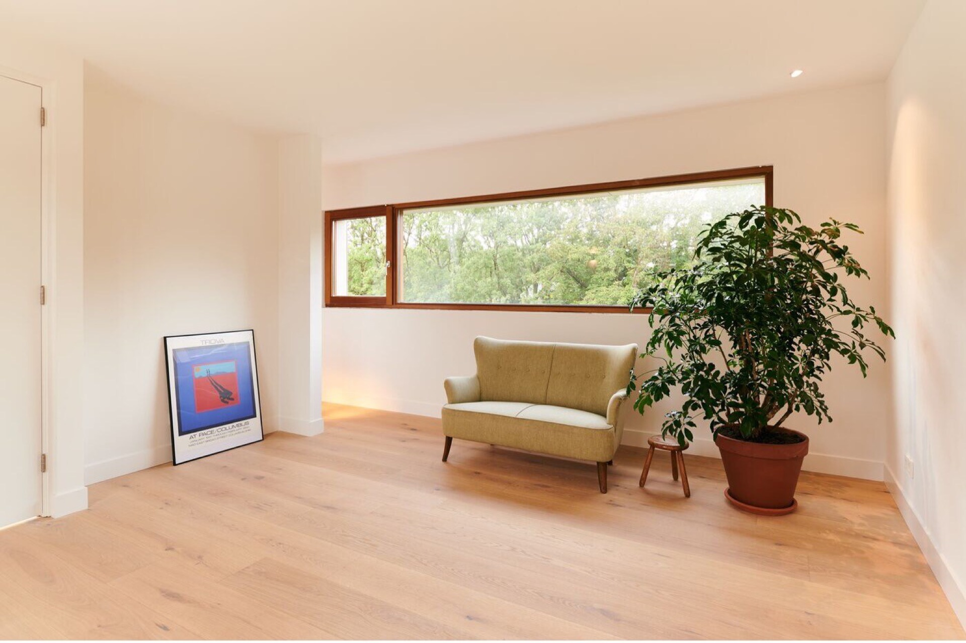 modern detached villa with glass stairwell: living room with wooden floor and large window overlooking greenery, Luxury, Design, Exclusive, Modern, Custom Made, Special, Beautiful