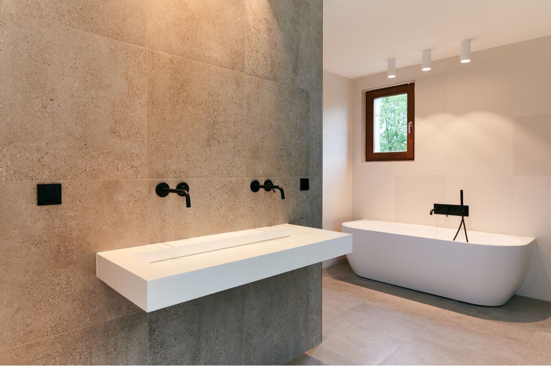 modern detached villa with glass stairwell: modern bathroom with stone-look walls and double built-in vanity basins, Luxury, Design, Exclusive, Modern, Custom Made, Special, Beautiful