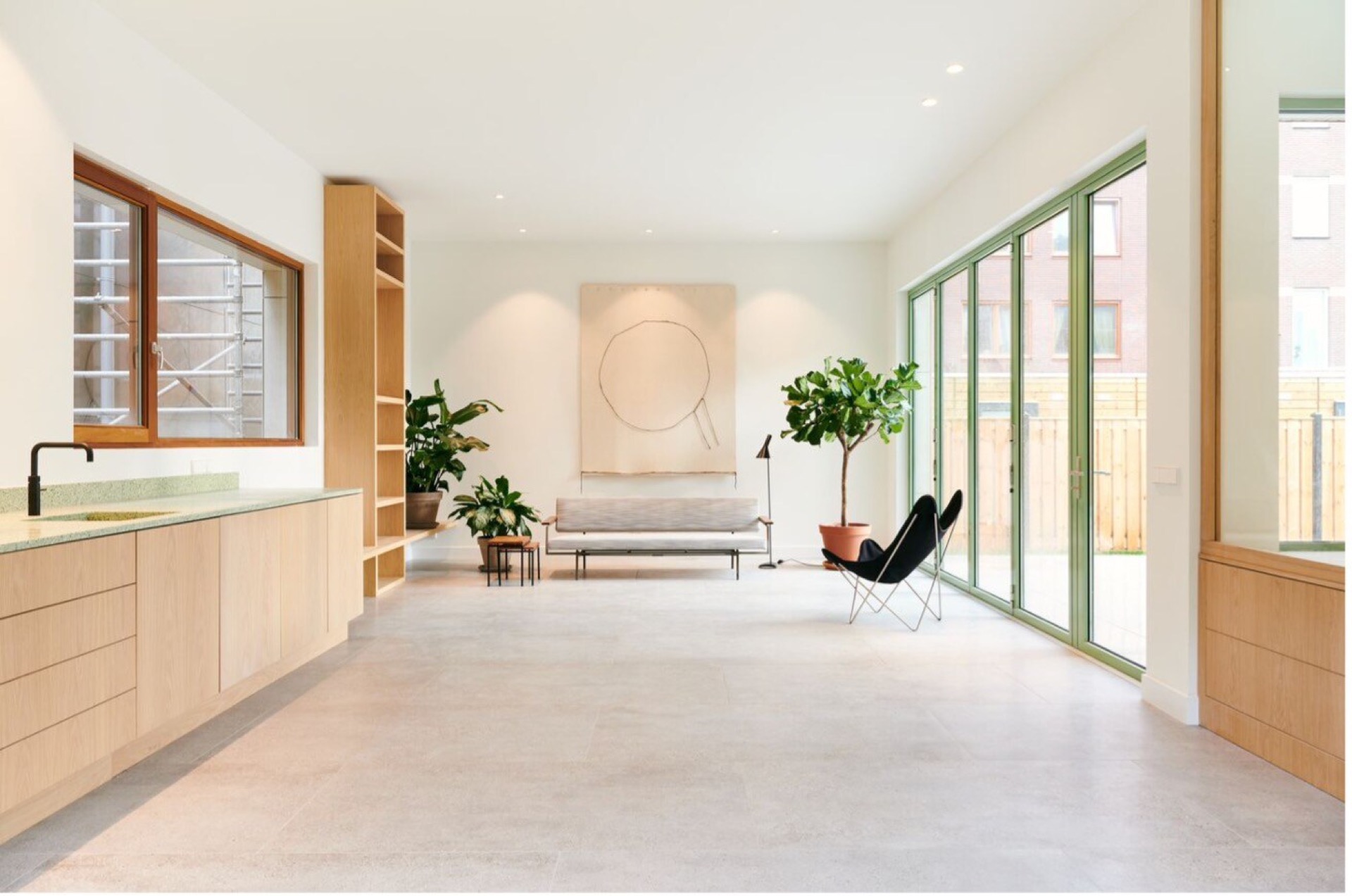 modern detached villa with glass stairwell: bright modern interior with wood built-ins and large window panels near kitchen, Luxury, Design, Exclusive, Modern, Custom Made, Special, Beautiful