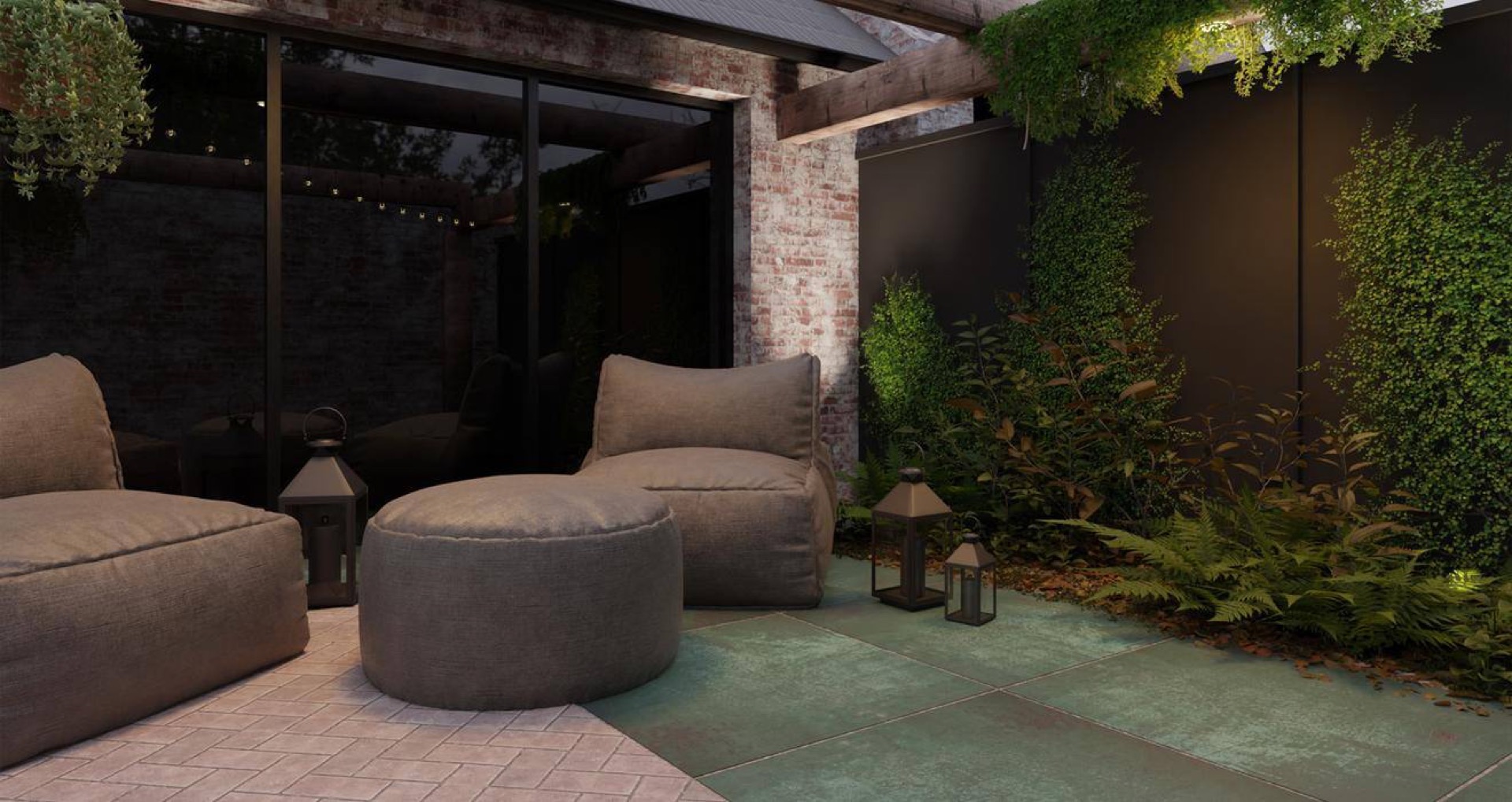 piastrelle in ceramica per patio 2 cm: terrazza con piastrelle in ceramica, zona relax e muro in mattoni con vegetazione, Luxury, Design, Exclusive, Modern, Custom Made, Special, Beautiful