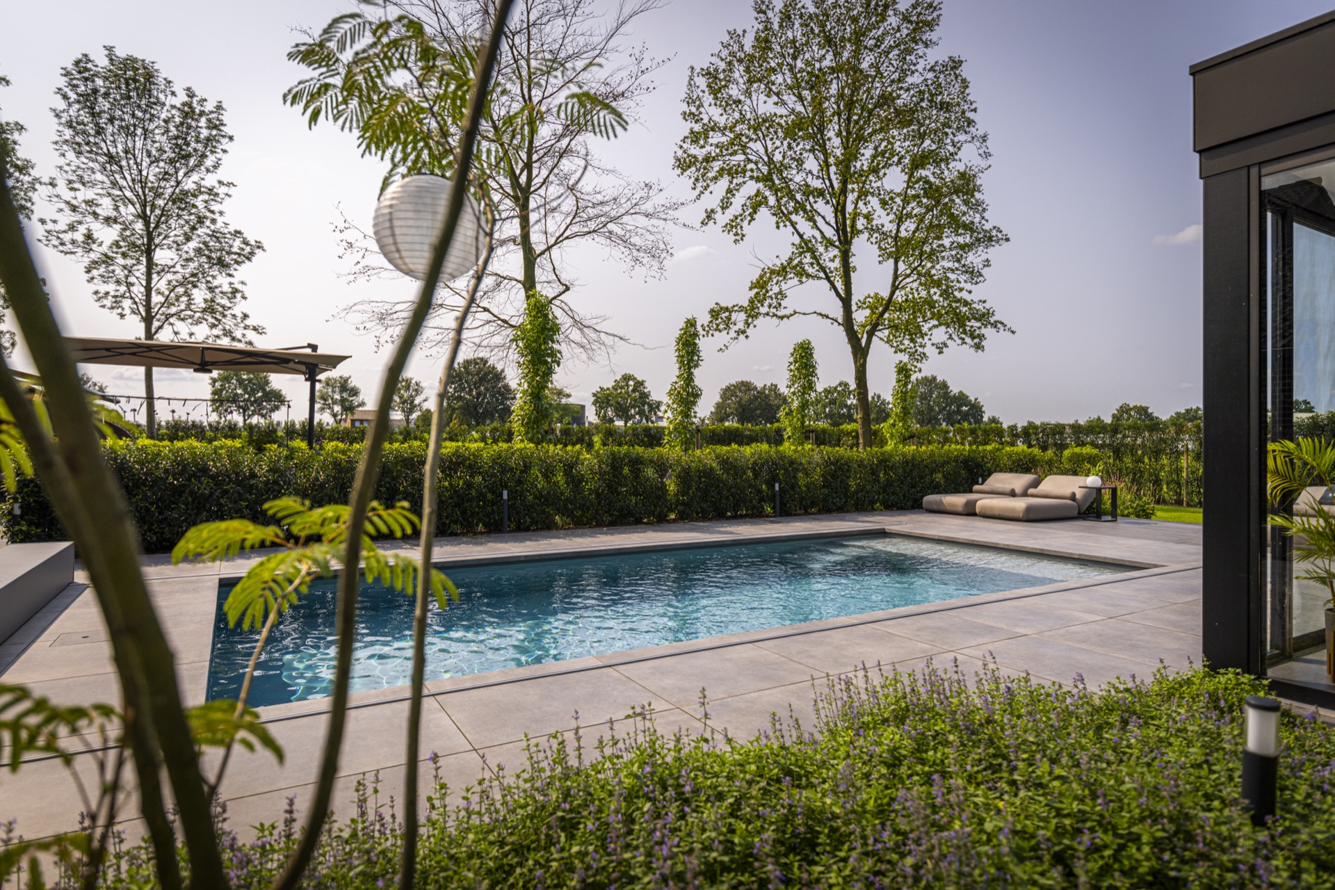 piscina incassata moderna con sistema di copertura: piscina incassata con terrazza e vegetazione intorno con alberi sullo, Luxury, Design, Exclusive, Modern, Custom Made, Special, Beautiful