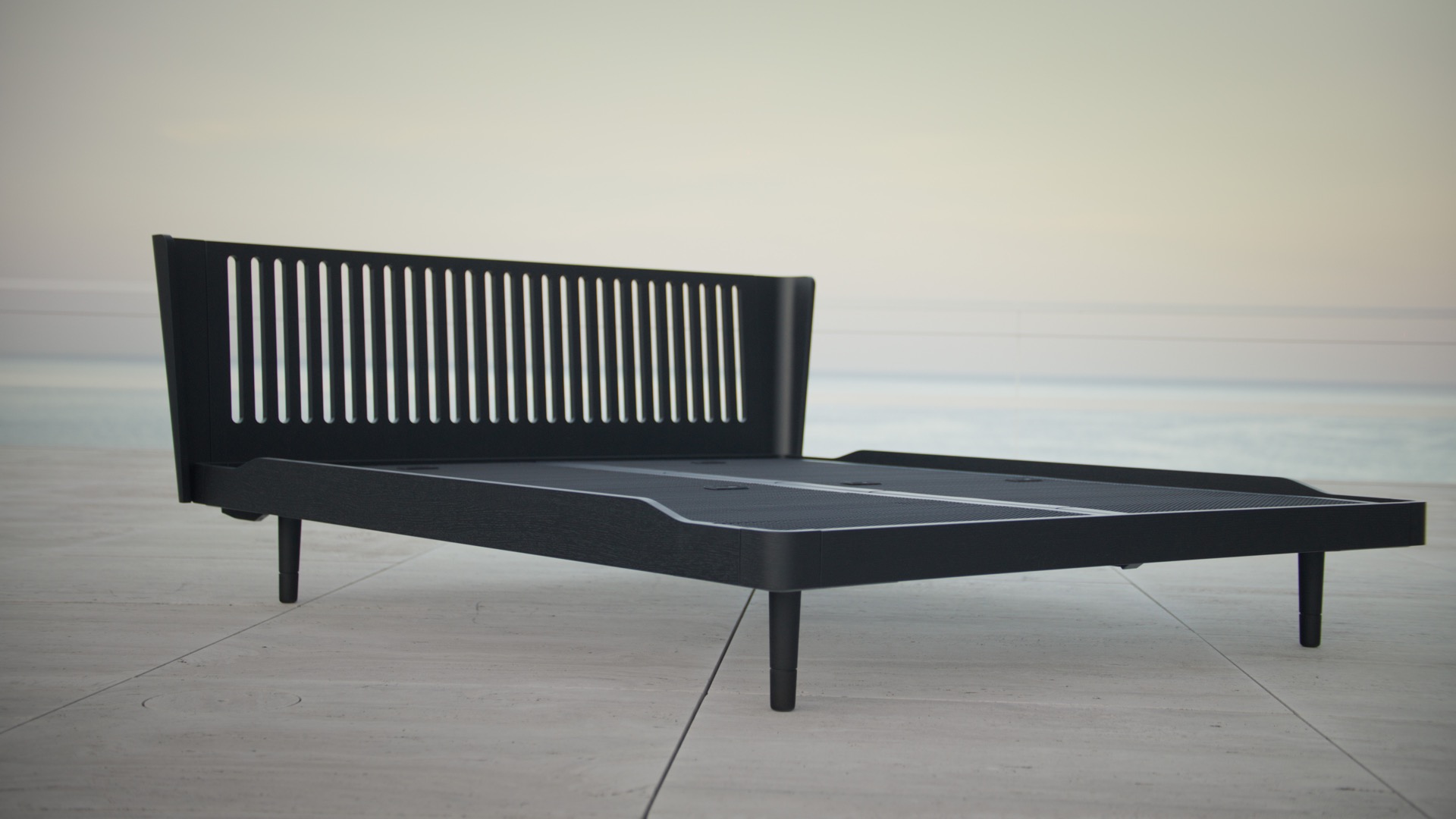 design letto matrimoniale scandinavo: primo piano del letto scuro con testata con fessure verticali, Luxury, Design, Exclusive, Modern, Custom Made, Special, Beautiful