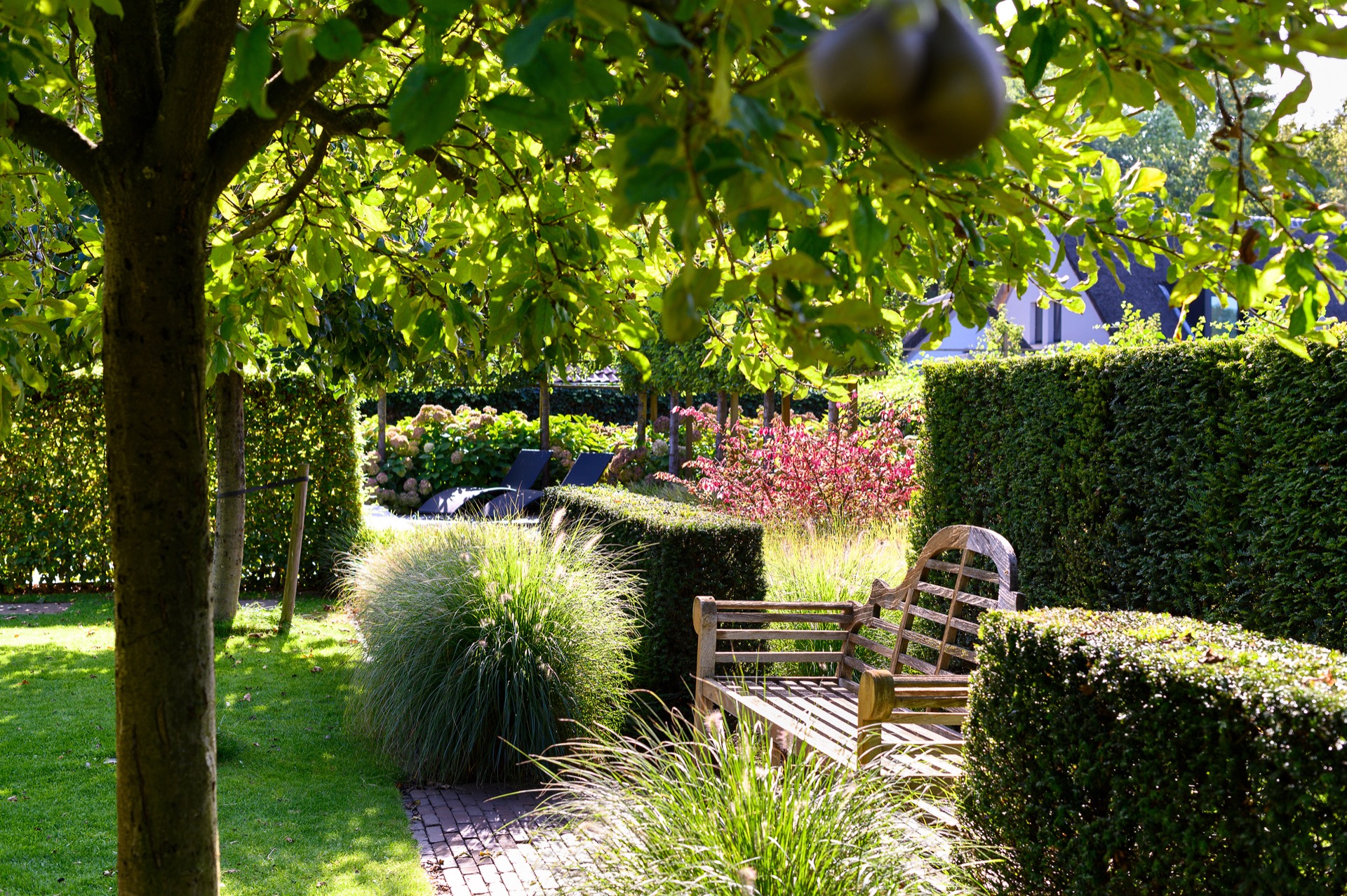 giardino di campagna con aree giardino: giardino rustico con prato, graminacee e percorso in pietra sotto gli alberi, Luxe, Design, Exclusief, Modern, Maatwerk, Bijzondere, Mooie