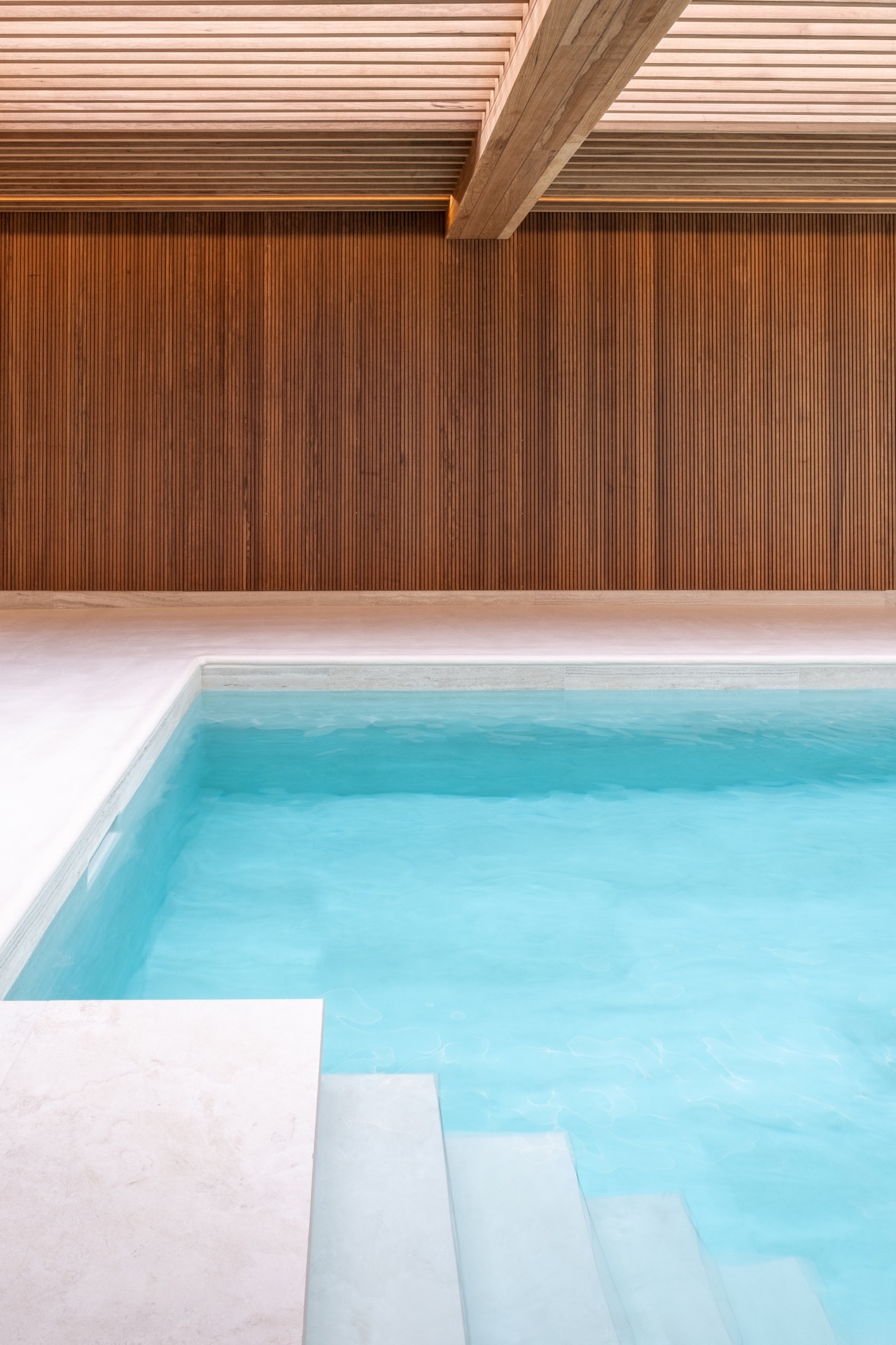 interno piscina benessere e complesso sauna: parete della piscina con rivestimento in listelli di legno e dettaglio del, Luxe, Design, Exclusief, Modern, Maatwerk, Bijzondere, Mooie