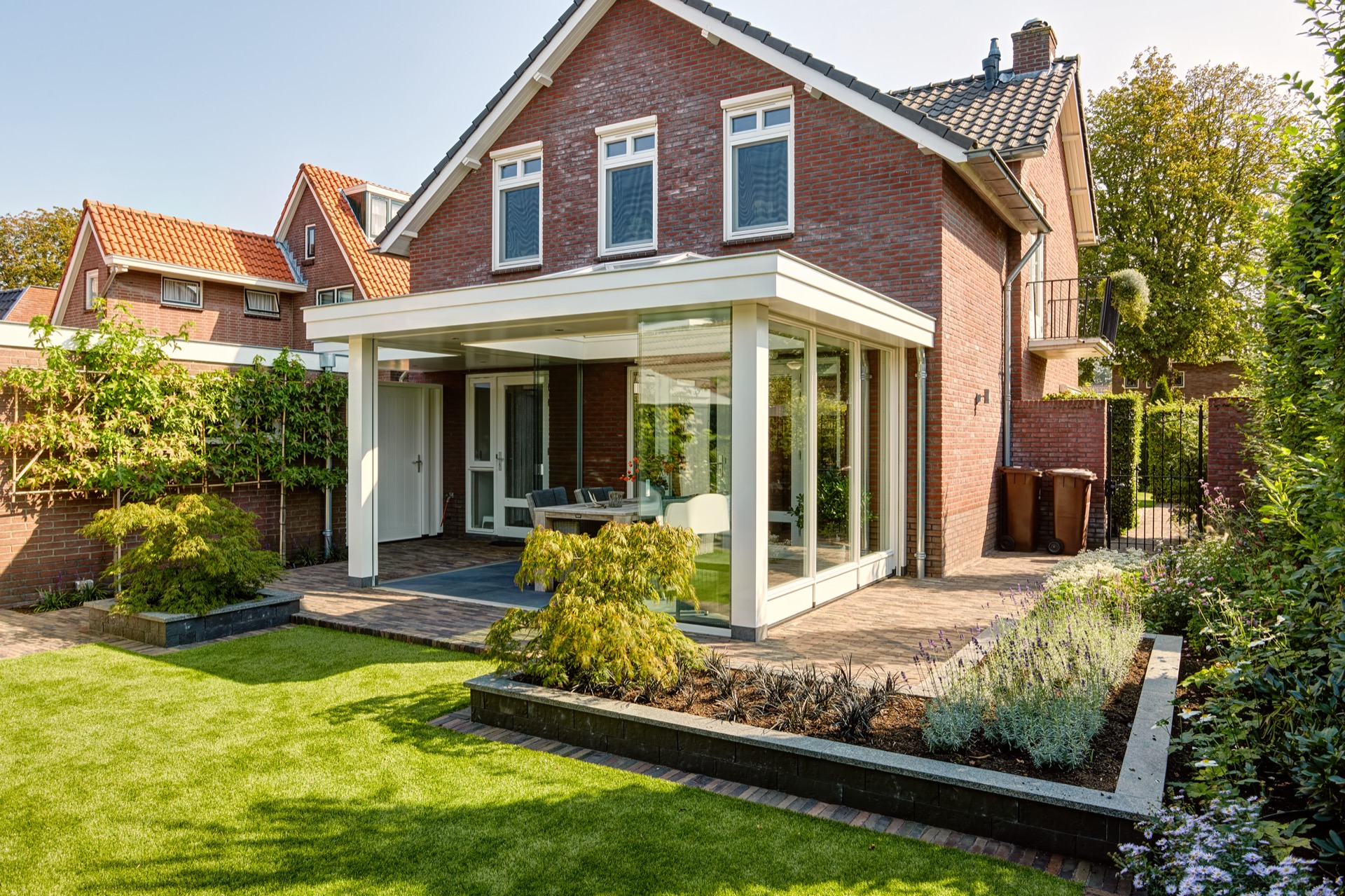 outdoor room sliding glass: overview of outdoor room with glazed doors, terrace, and garden planting, Luxury, Design, Exclusive, Modern, Custom Made, Special, Beautiful