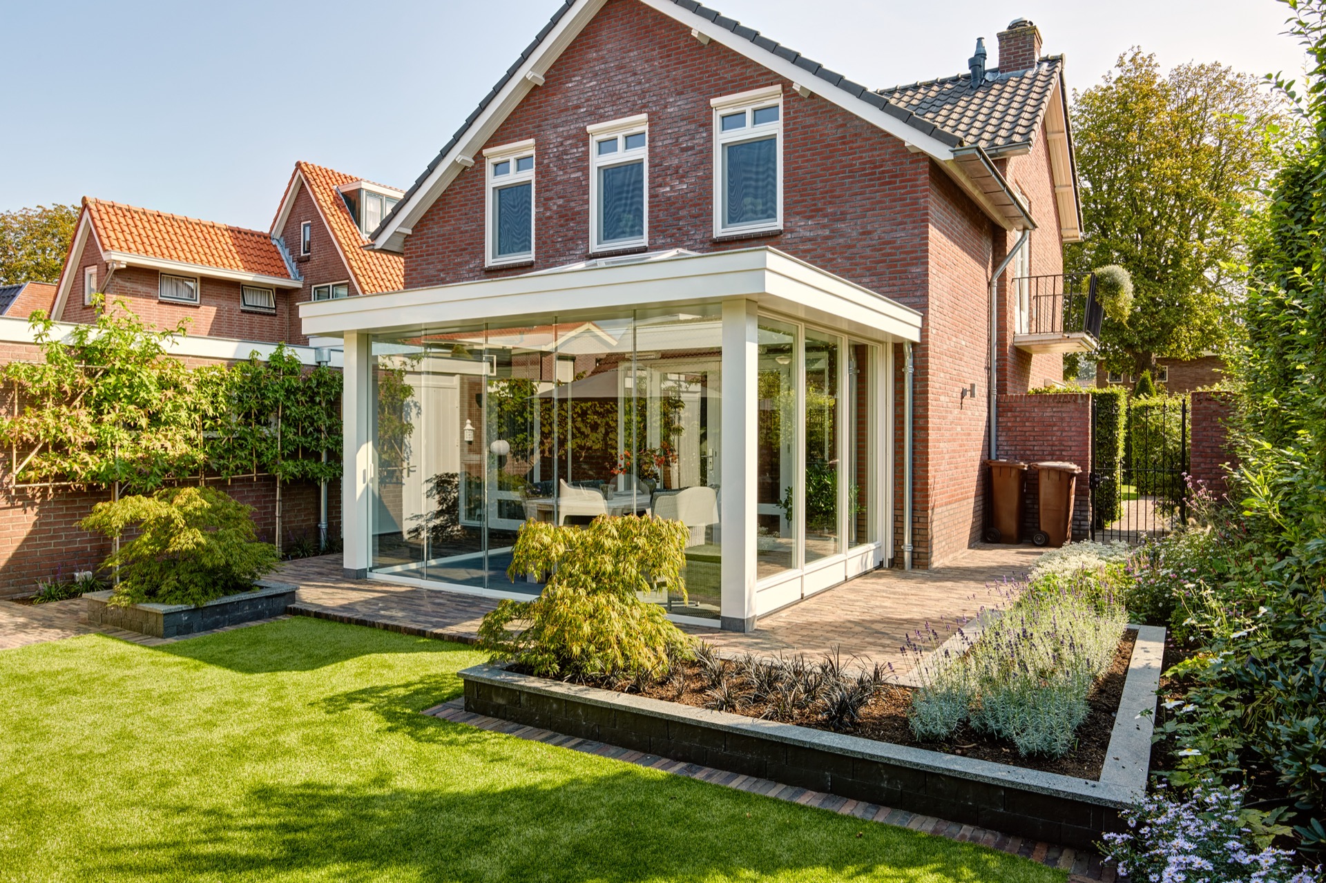 outdoor room sliding glass: outdoor room at a brick facade with wide glass wall and white canopy, Luxury, Design, Exclusive, Modern, Custom Made, Special, Beautiful