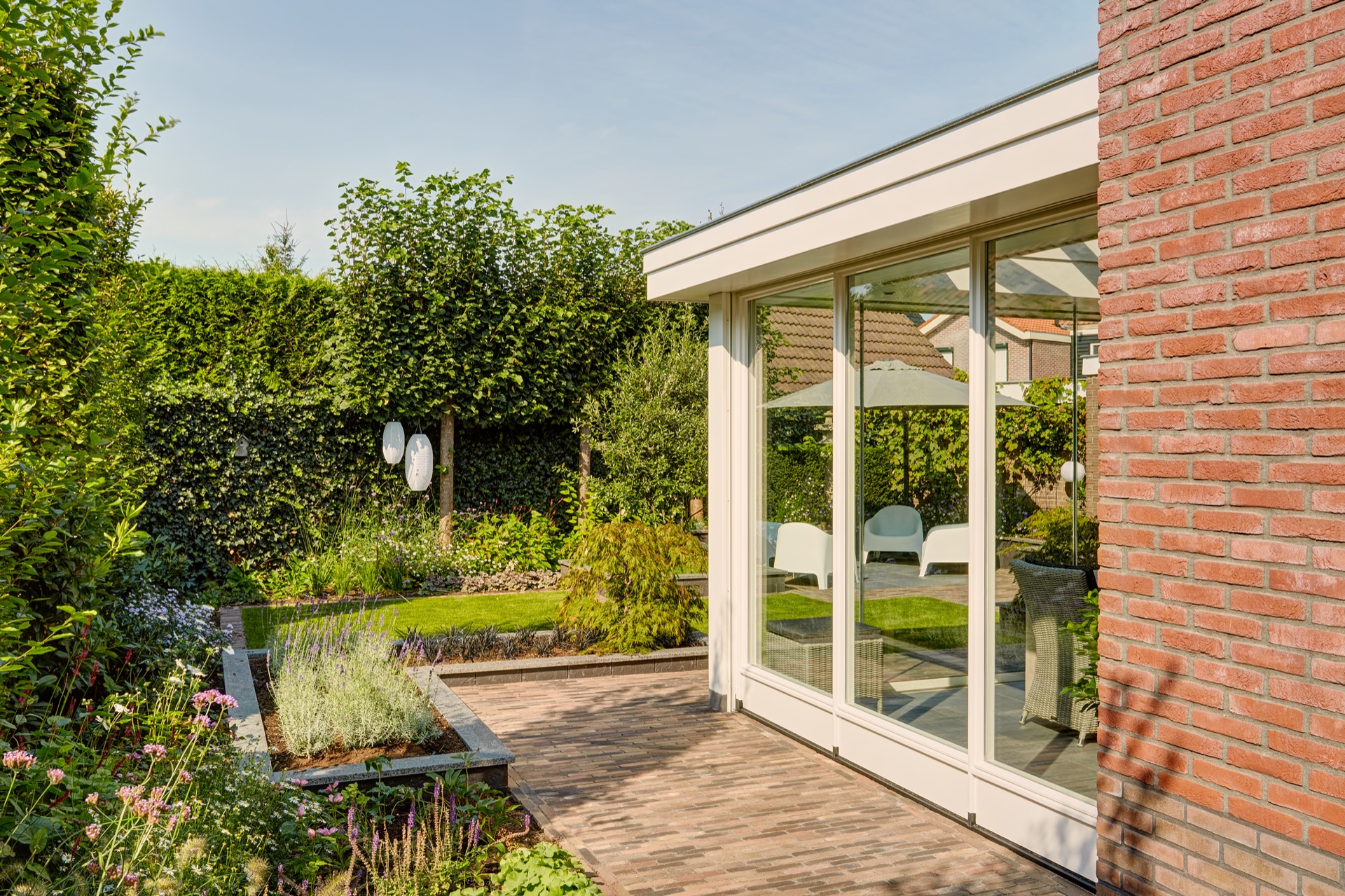 outdoor room sliding glass: outdoor room corner with glazed door panels and brick facade, Luxury, Design, Exclusive, Modern, Custom Made, Special, Beautiful