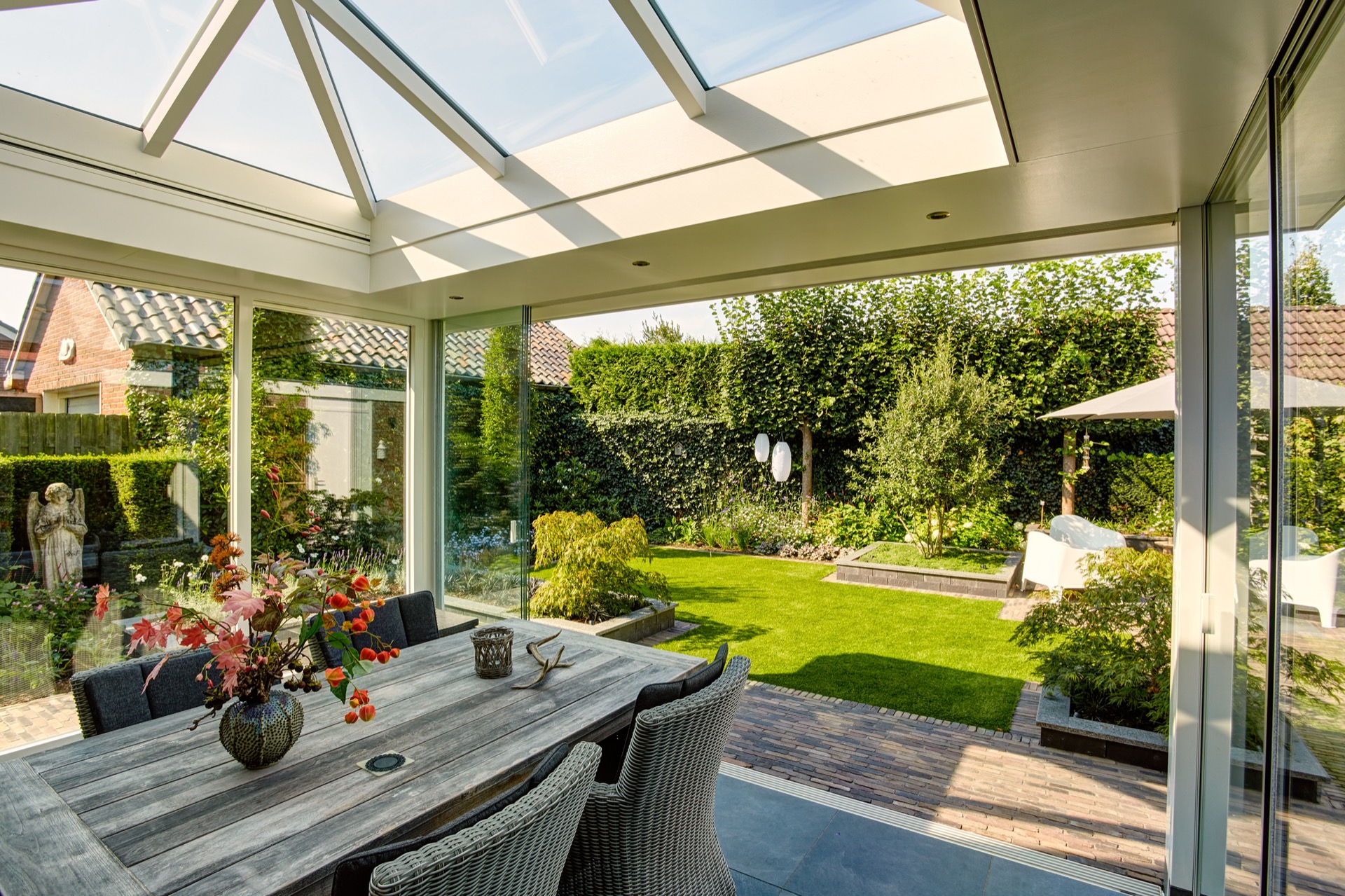 outdoor room sliding glass: outdoor room with glass skylight and view over garden planting, Luxury, Design, Exclusive, Modern, Custom Made, Special, Beautiful
