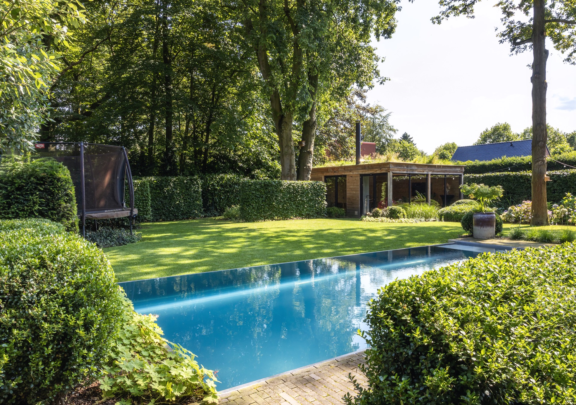 piscina rettangolare moderna: vista del giardino con piscina in primo piano e copertura vetrata sullo sfondo, circondata da, Luxury, Design, Exclusive, Modern, Custom Made, Special, Beautiful