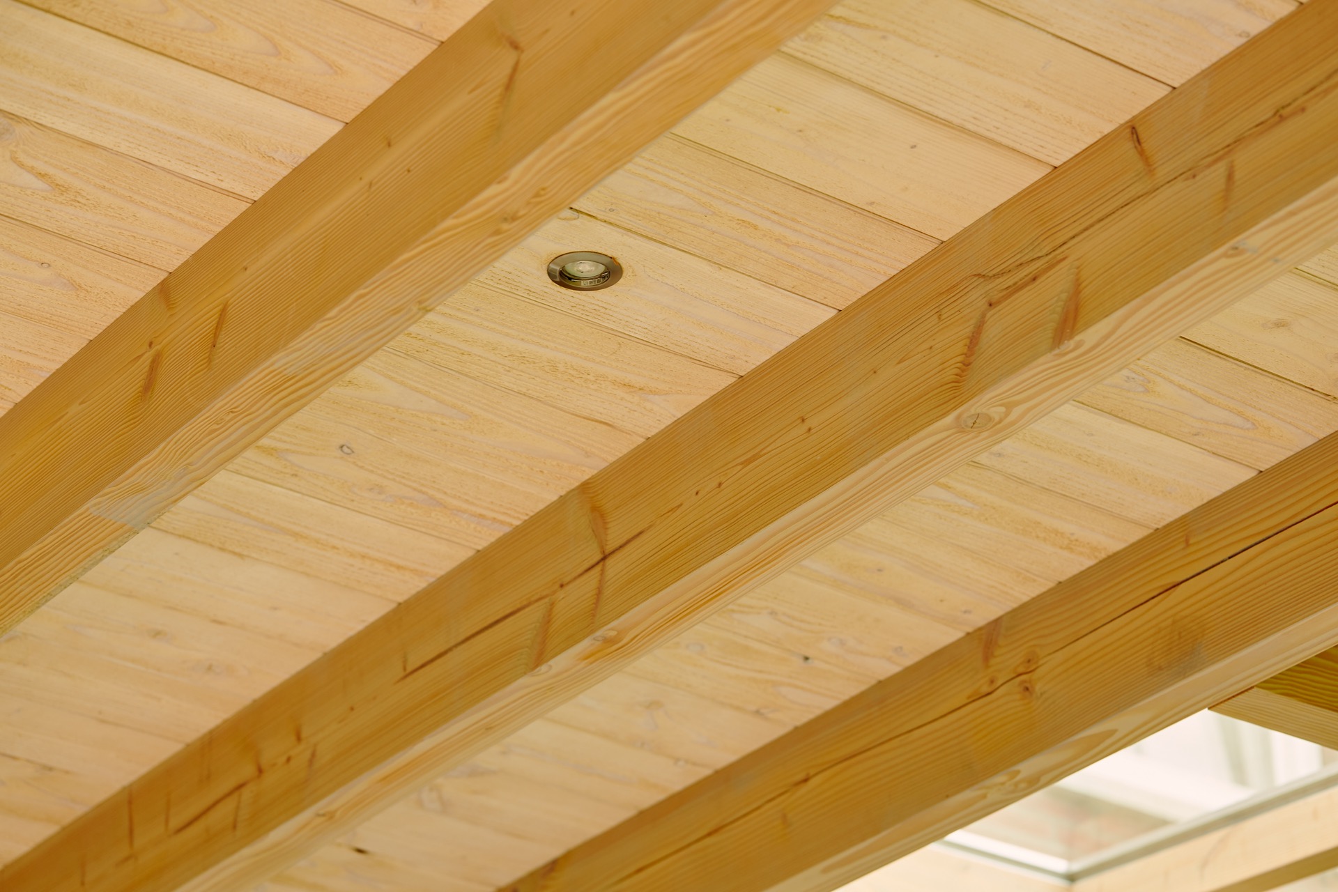 veranda con luce zenitale: dettaglio soffitto della veranda con spot rotondo incassato tra travi in legno, Luxury, Design, Exclusive, Modern, Custom Made, Special, Beautiful