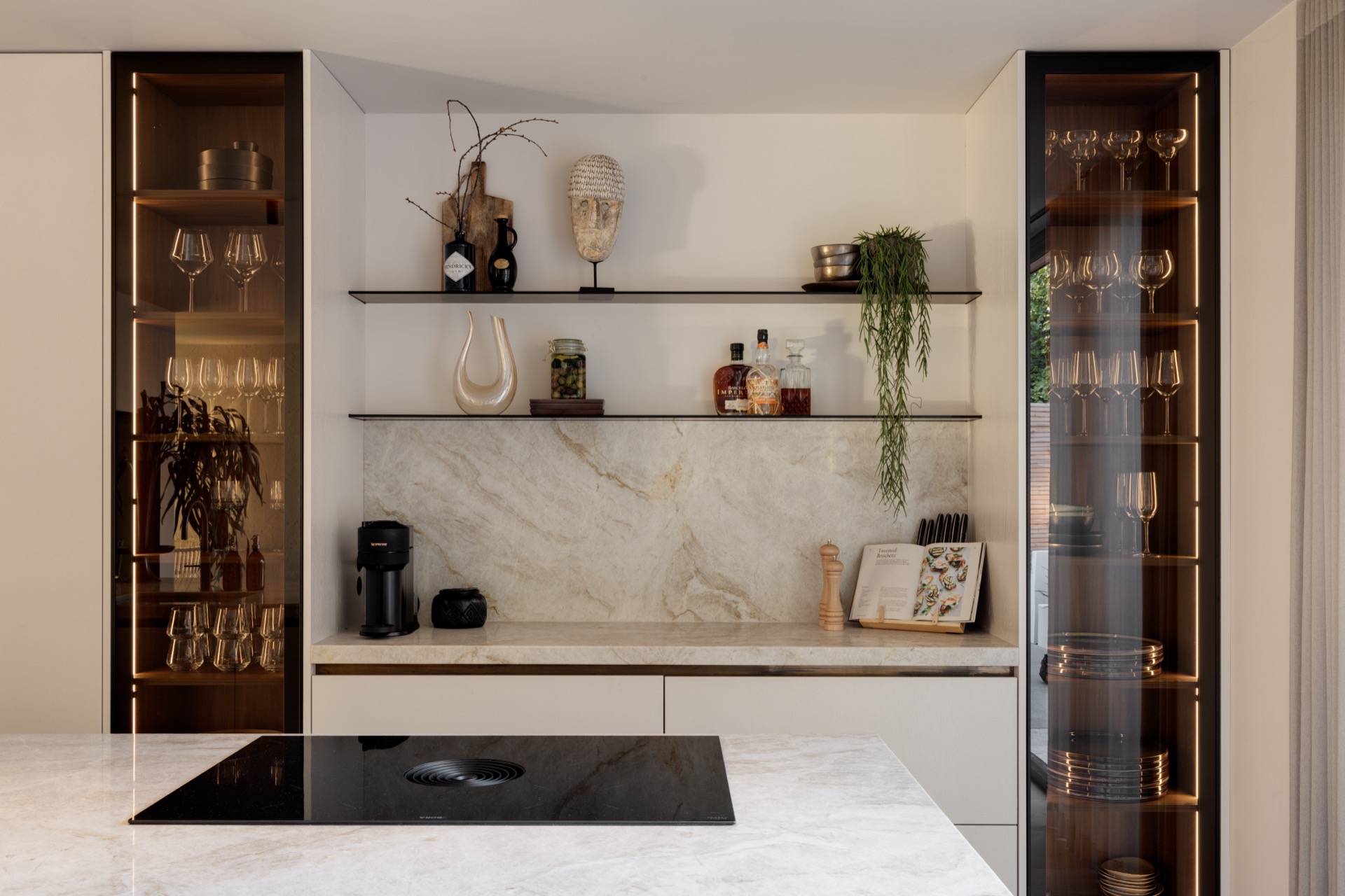 minimalist kitchen: kitchen wall with open shelves, glass cabinets and marble back panel, Luxury, Design, Exclusive, Modern, Custom Made, Special, Beautiful