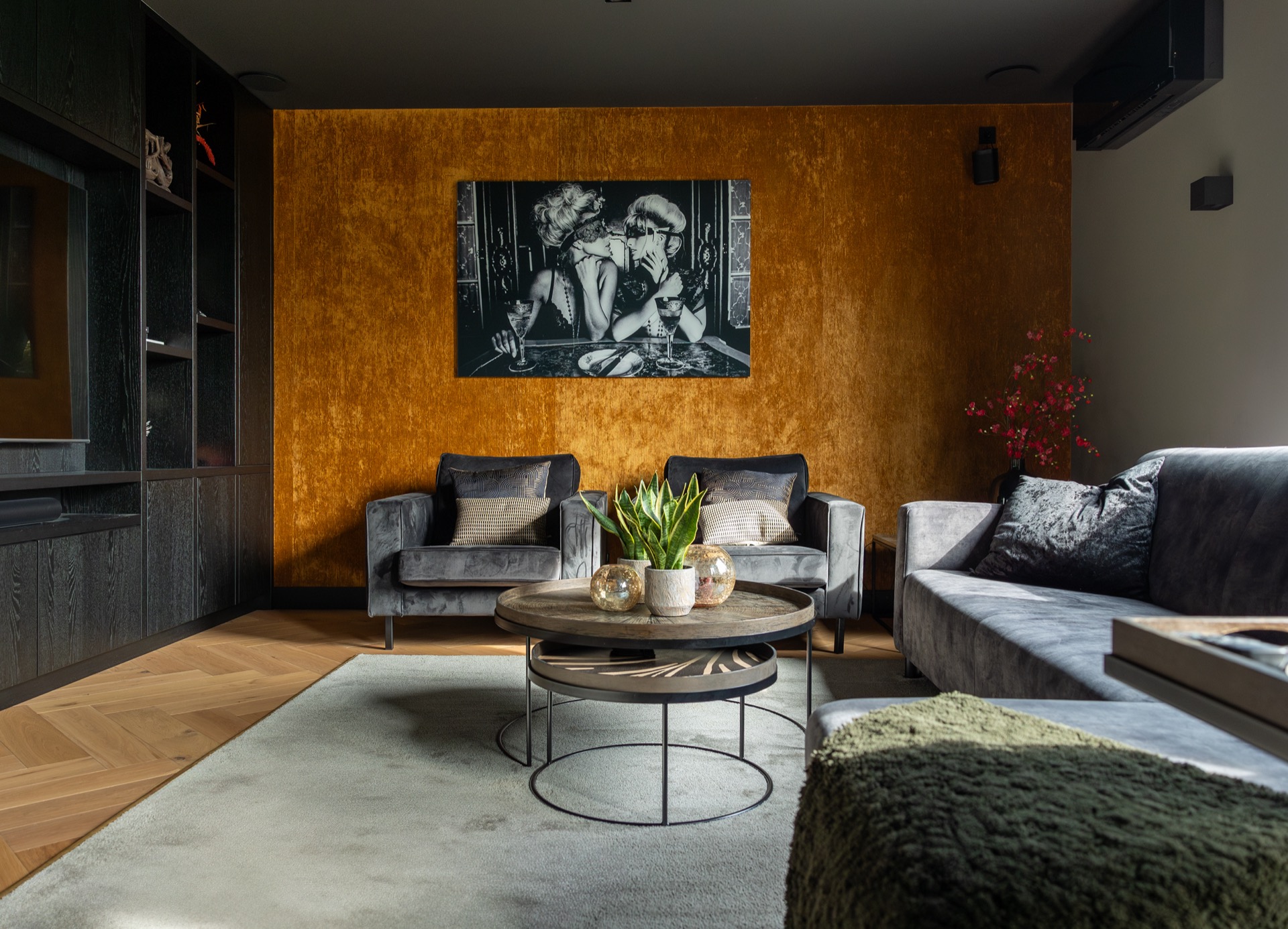 modern villa interior and finishing: luxury living room with warm ochre accent wall and wooden parquet floor, Luxury, Design, Exclusive, Modern, Custom Made, Special, Beautiful