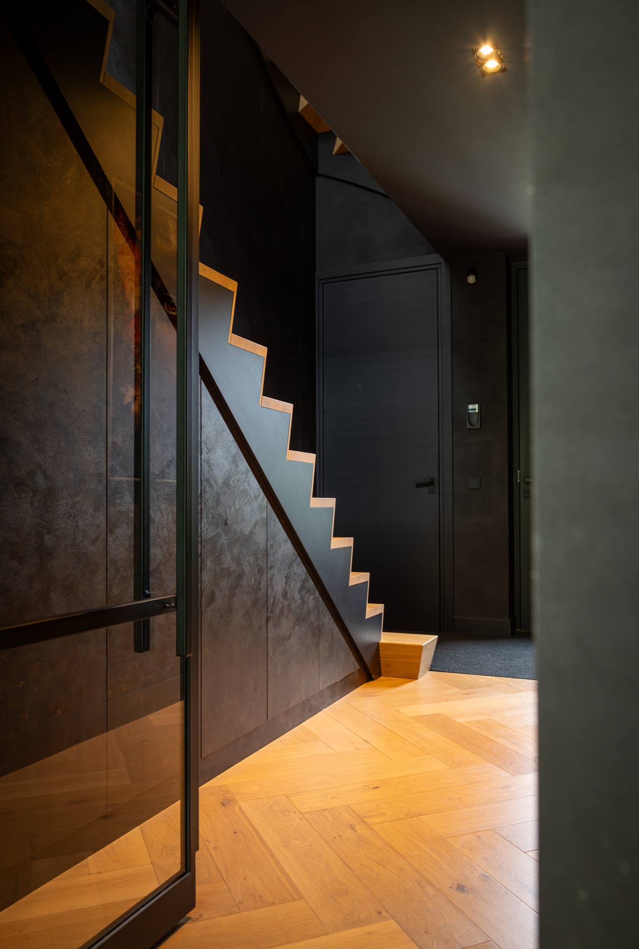 modern villa interior and finishing: modern hallway staircase with wooden steps and textured wall panels, Luxury, Design, Exclusive, Modern, Custom Made, Special, Beautiful