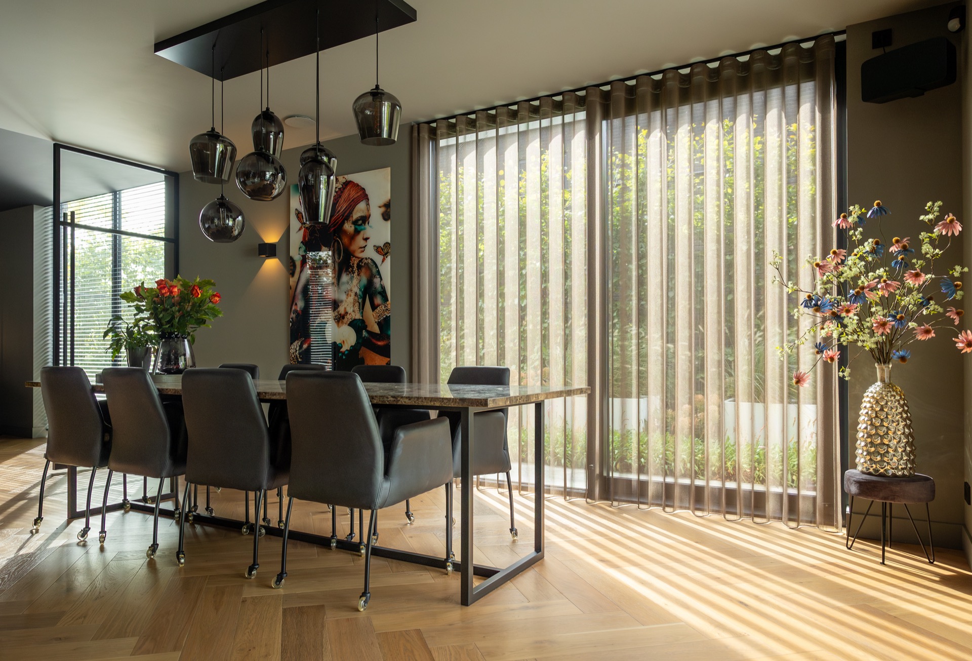 modern villa interior and finishing: dining room with large window frontage, sheer curtains and pendant lights, Luxury, Design, Exclusive, Modern, Custom Made, Special, Beautiful