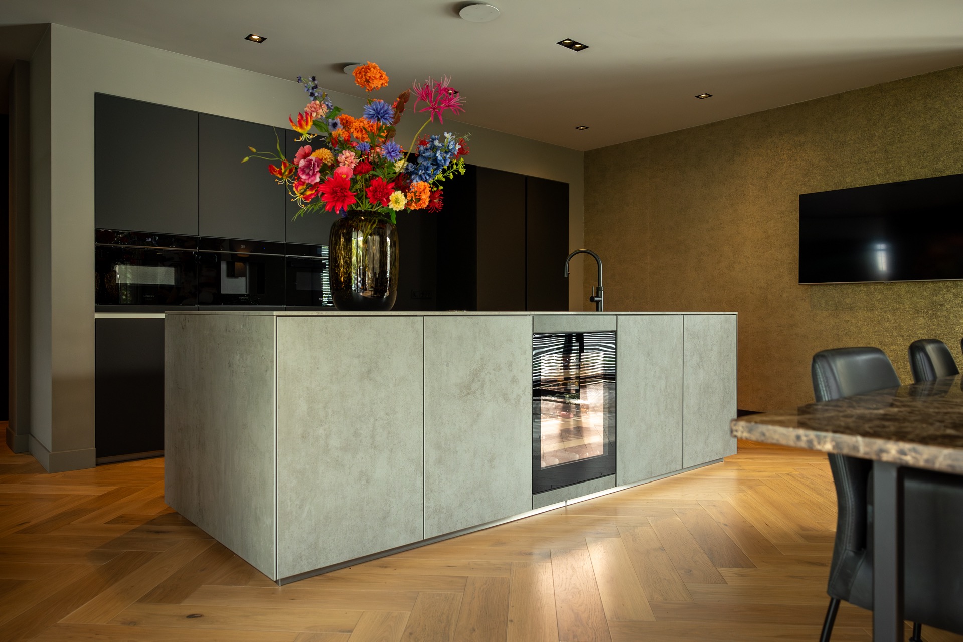 modern villa interior and finishing: modern kitchen with matte light-grey cabinets and a glass panel in the back wall, Luxury, Design, Exclusive, Modern, Custom Made, Special, Beautiful