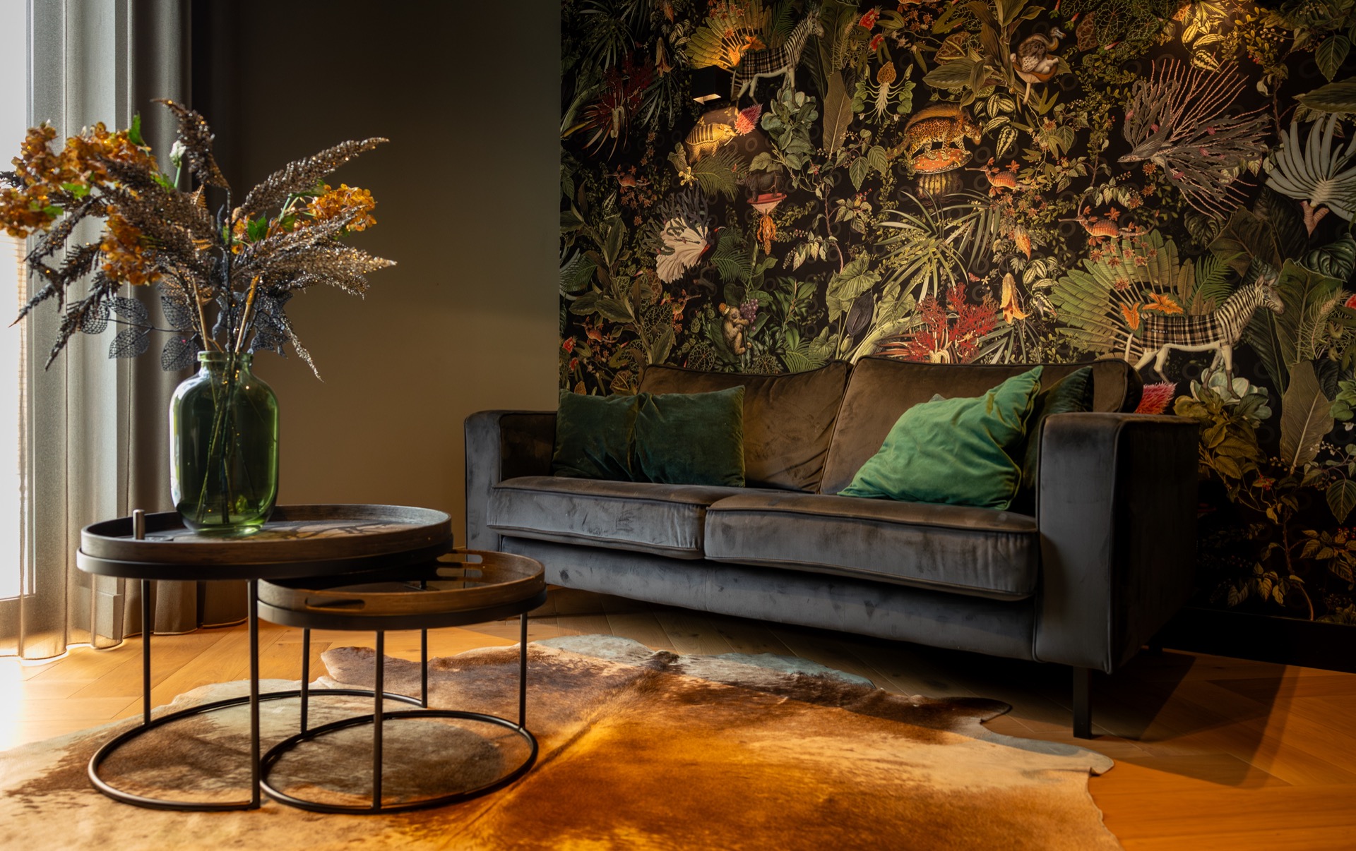 modern villa interior and finishing: living room corner with sofa and bold patterned wallpaper, Luxury, Design, Exclusive, Modern, Custom Made, Special, Beautiful