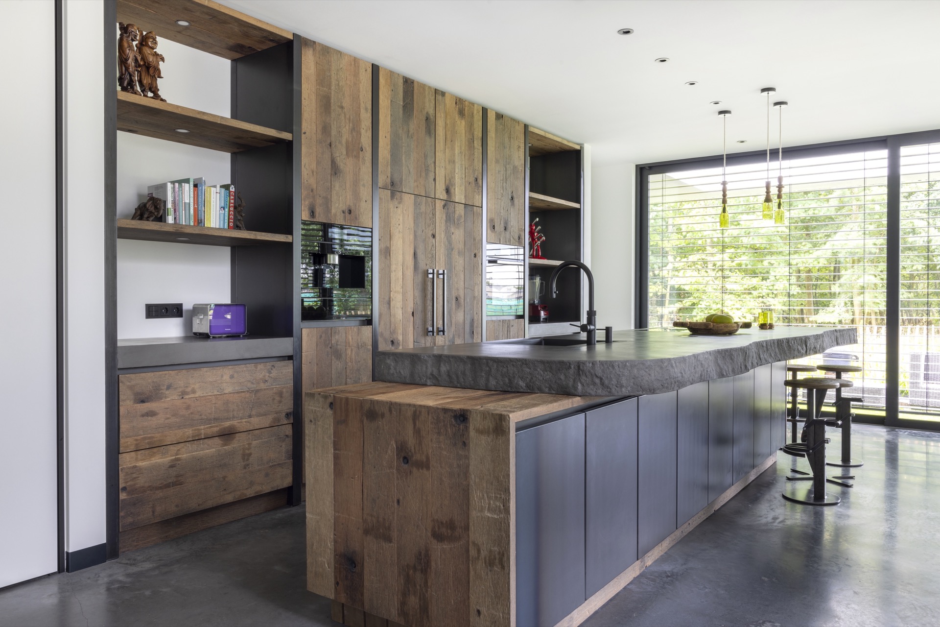 country kitchen with island: country-style kitchen with wooden wall and large island with stone/composite countertop, Luxury, Design, Exclusive, Modern, Custom Made, Special, Beautiful