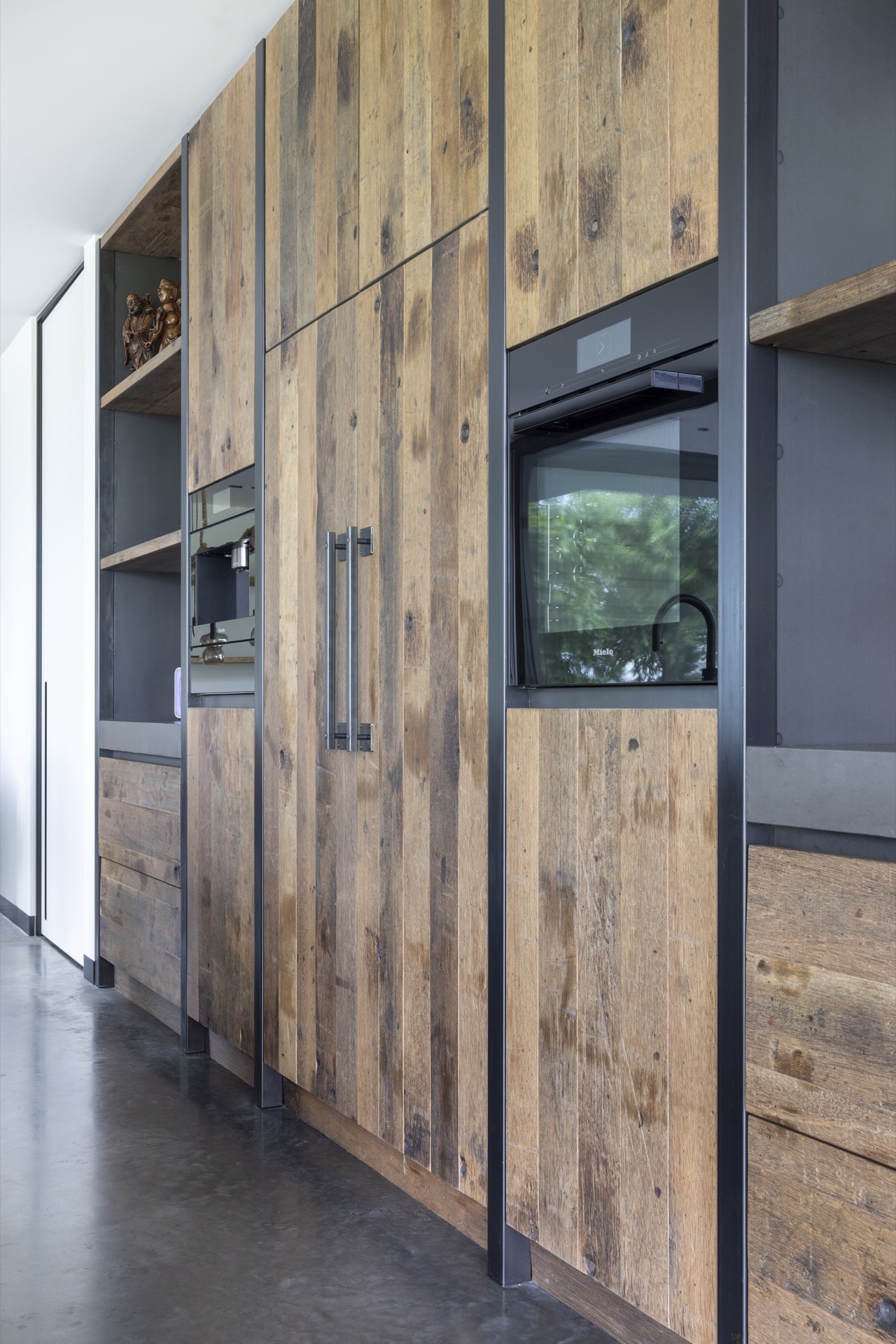country kitchen with island: vertical wooden kitchen wall with integrated oven and dark frames, Luxury, Design, Exclusive, Modern, Custom Made, Special, Beautiful