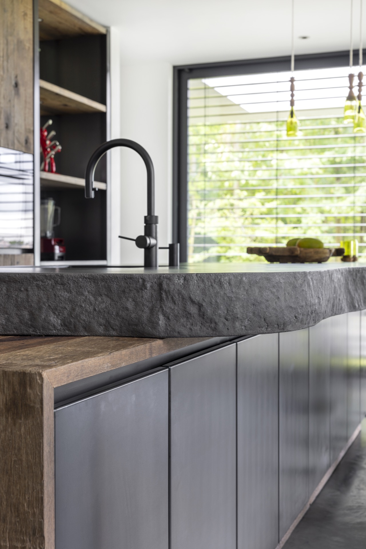 country kitchen with island: detail of a dark faucet on a grey stone/composite countertop in a country kitchen, Luxury, Design, Exclusive, Modern, Custom Made, Special, Beautiful