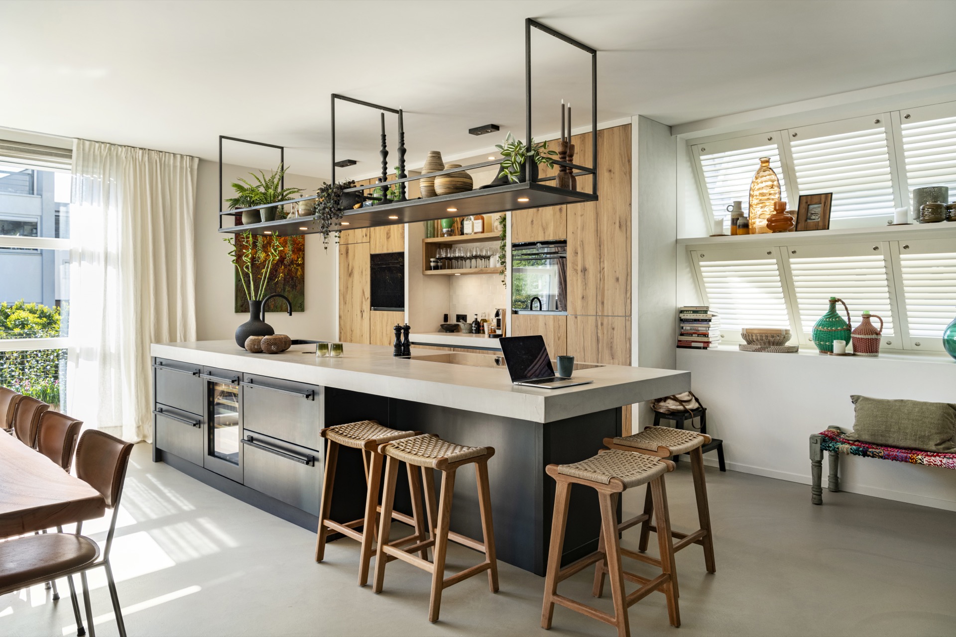 Industrial Wabi Sabi kitchen with central island, wood and black steel, and open shelves, Luxury, Design, Exclusive, Modern, Custom Made, Special, Beautiful