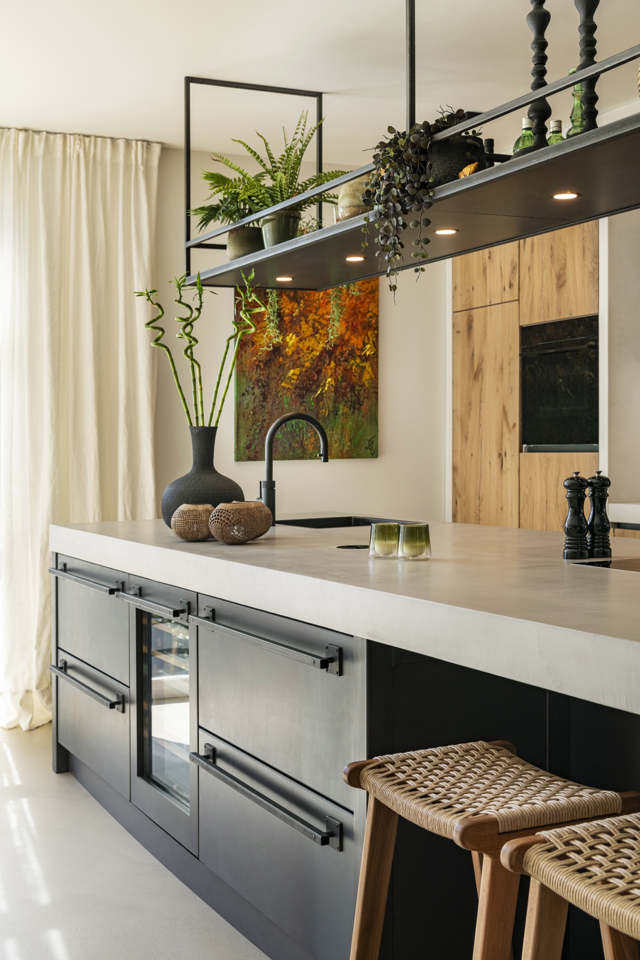 industrial Wabi Sabi kitchen: detail of steel shelves and lighting above the kitchen, Luxury, Design, Exclusive, Modern, Custom Made, Special, Beautiful
