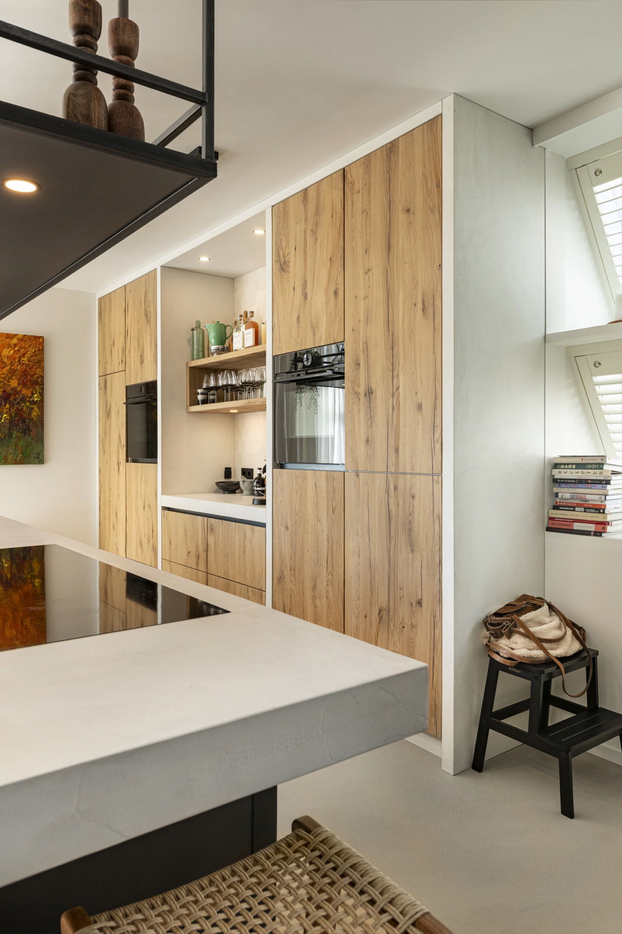 industrial Wabi Sabi kitchen: wide view of an industrial kitchen with a steel frame and wood cabinets, Luxury, Design, Exclusive, Modern, Custom Made, Special, Beautiful