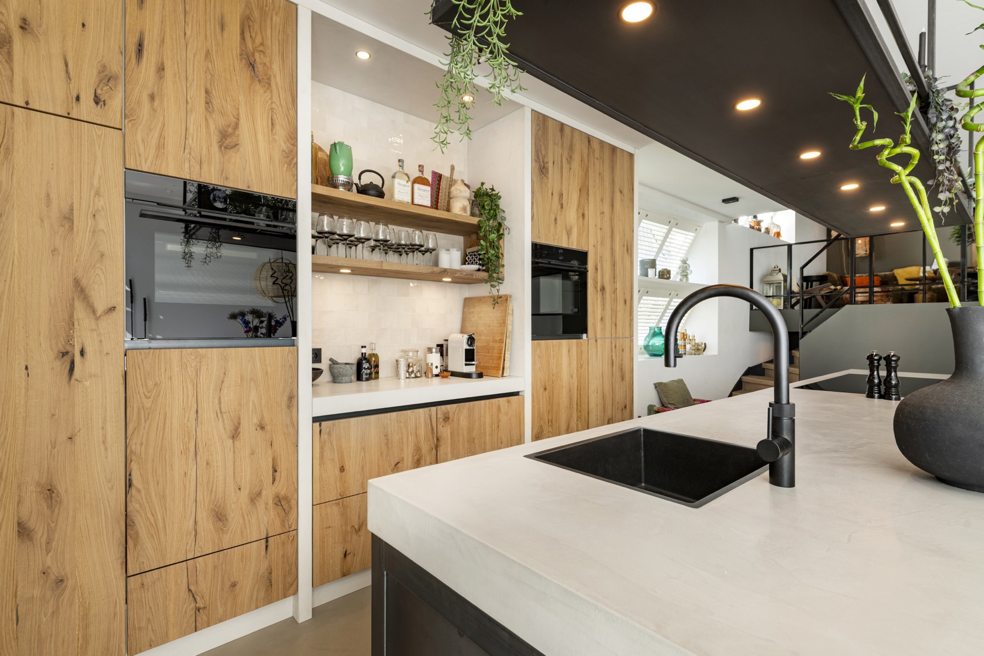 industrial Wabi Sabi kitchen: sink area with industrial faucet and a wood kitchen wall with built-in lighting, Luxury, Design, Exclusive, Modern, Custom Made, Special, Beautiful