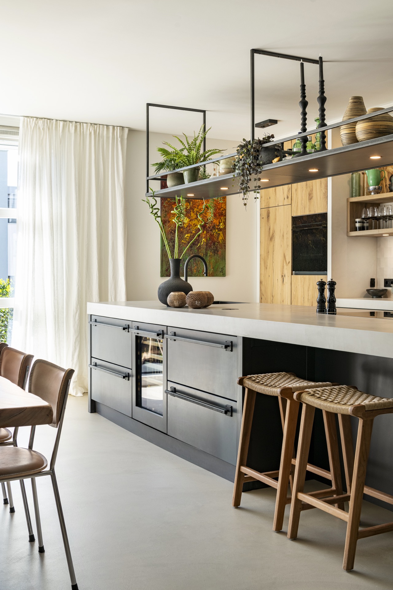 industrial Wabi Sabi kitchen: kitchen view with steel shelves above the island and wooden cabinets, Luxury, Design, Exclusive, Modern, Custom Made, Special, Beautiful