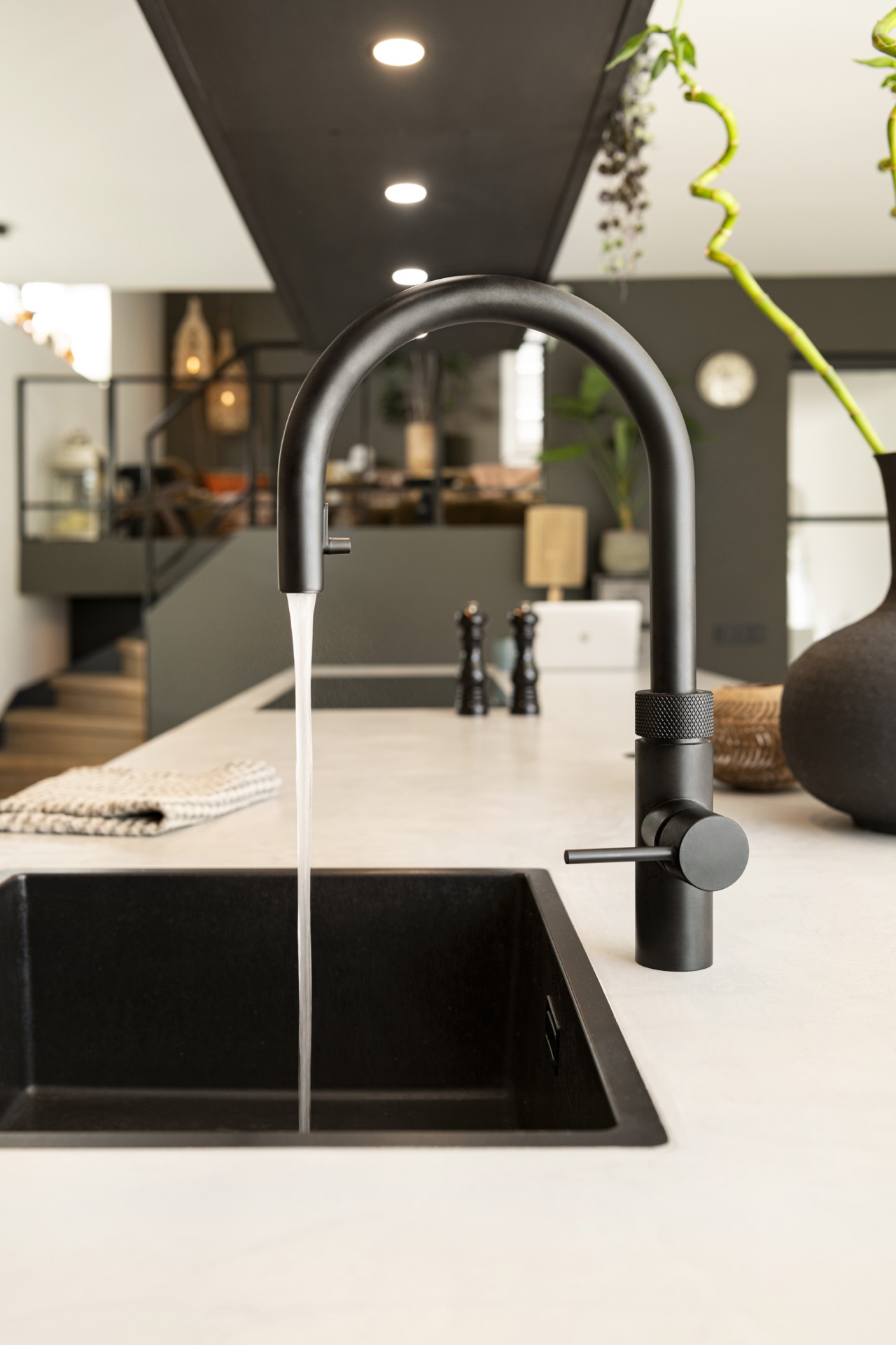 industrial Wabi Sabi kitchen: kitchen with a long layout, island, and open steel shelves with lighting, Luxury, Design, Exclusive, Modern, Custom Made, Special, Beautiful