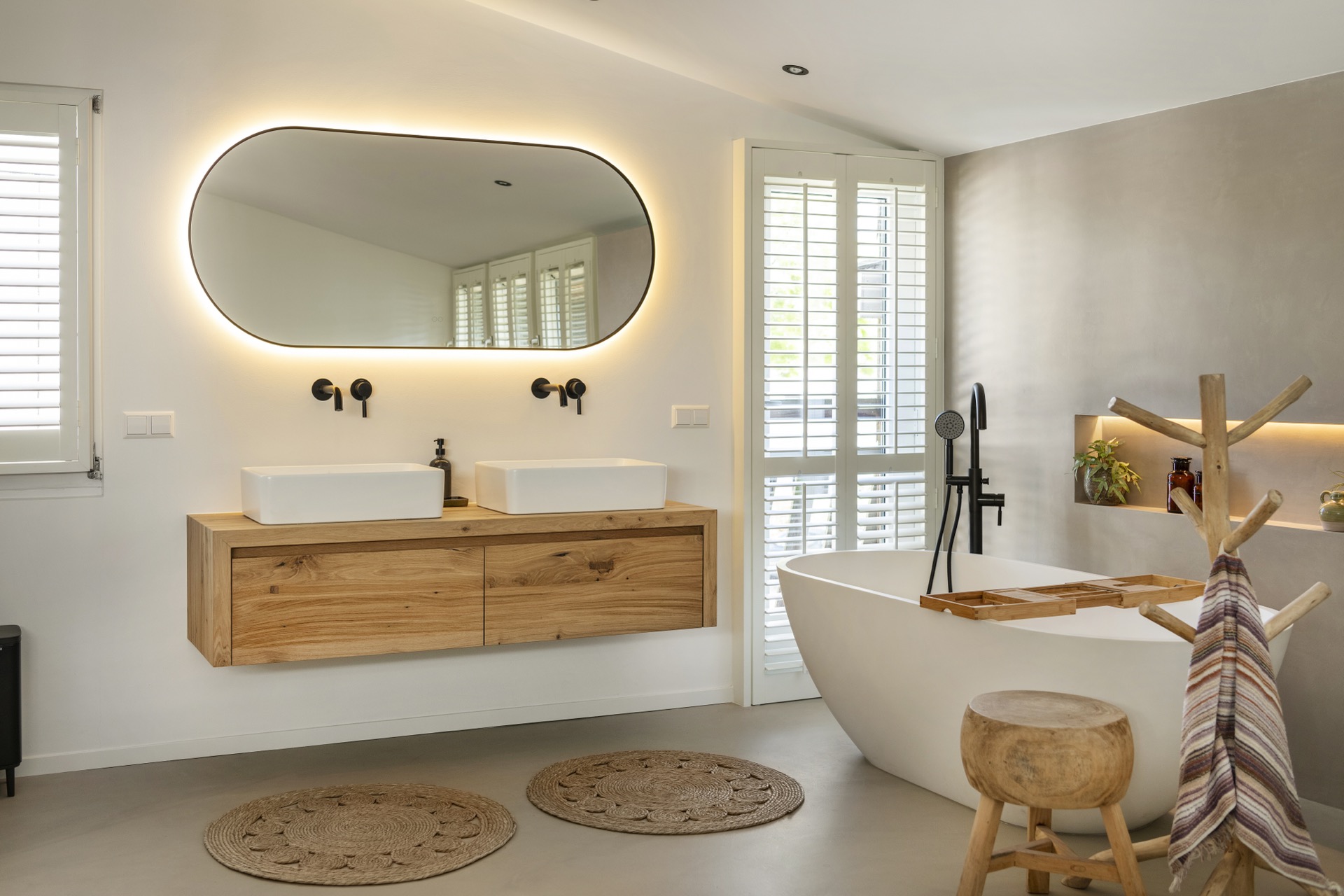 industrial Wabi Sabi kitchen: bathroom with walk-in shower, glass partition, wooden vanity, and warmly lit niche, Luxury, Design, Exclusive, Modern, Custom Made, Special, Beautiful