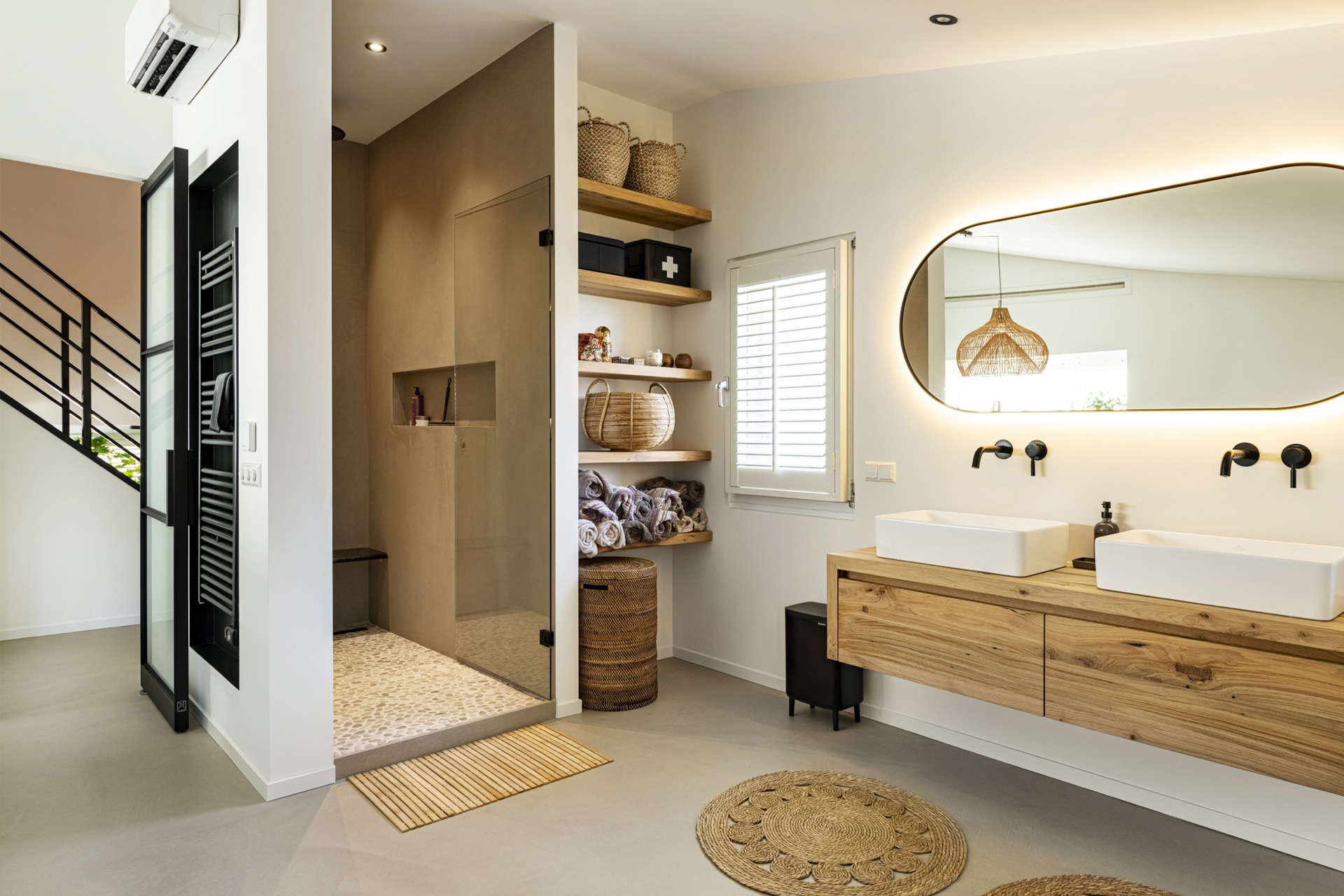 industrial Wabi Sabi kitchen: bathroom wide view with double white vanity, round mirror, and window with blinds, Luxury, Design, Exclusive, Modern, Custom Made, Special, Beautiful