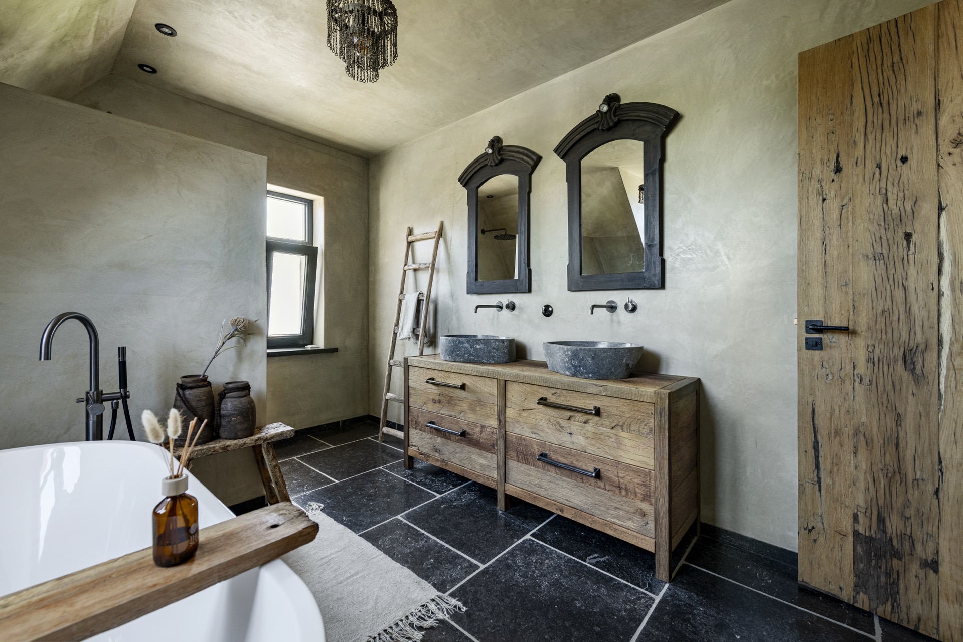 rustic country kitchen: staircase with landing and black balustrade, wooden steps and dark tile flooring, Luxury, Design, Exclusive, Modern, Custom Made, Special, Beautiful