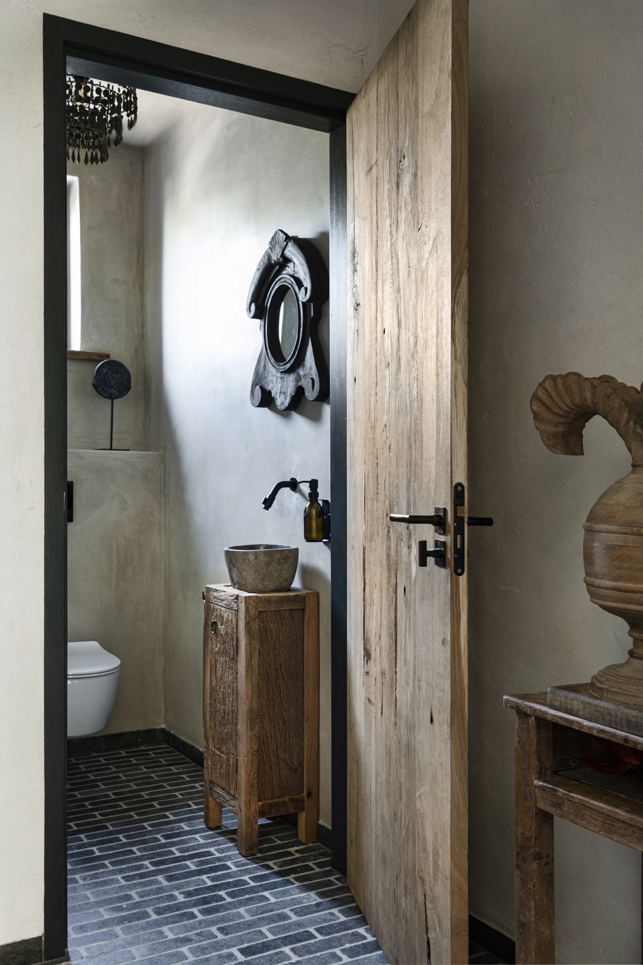rustic country kitchen: door opening with black frame and wooden door jamb with dark tiled floor, Luxury, Design, Exclusive, Modern, Custom Made, Special, Beautiful