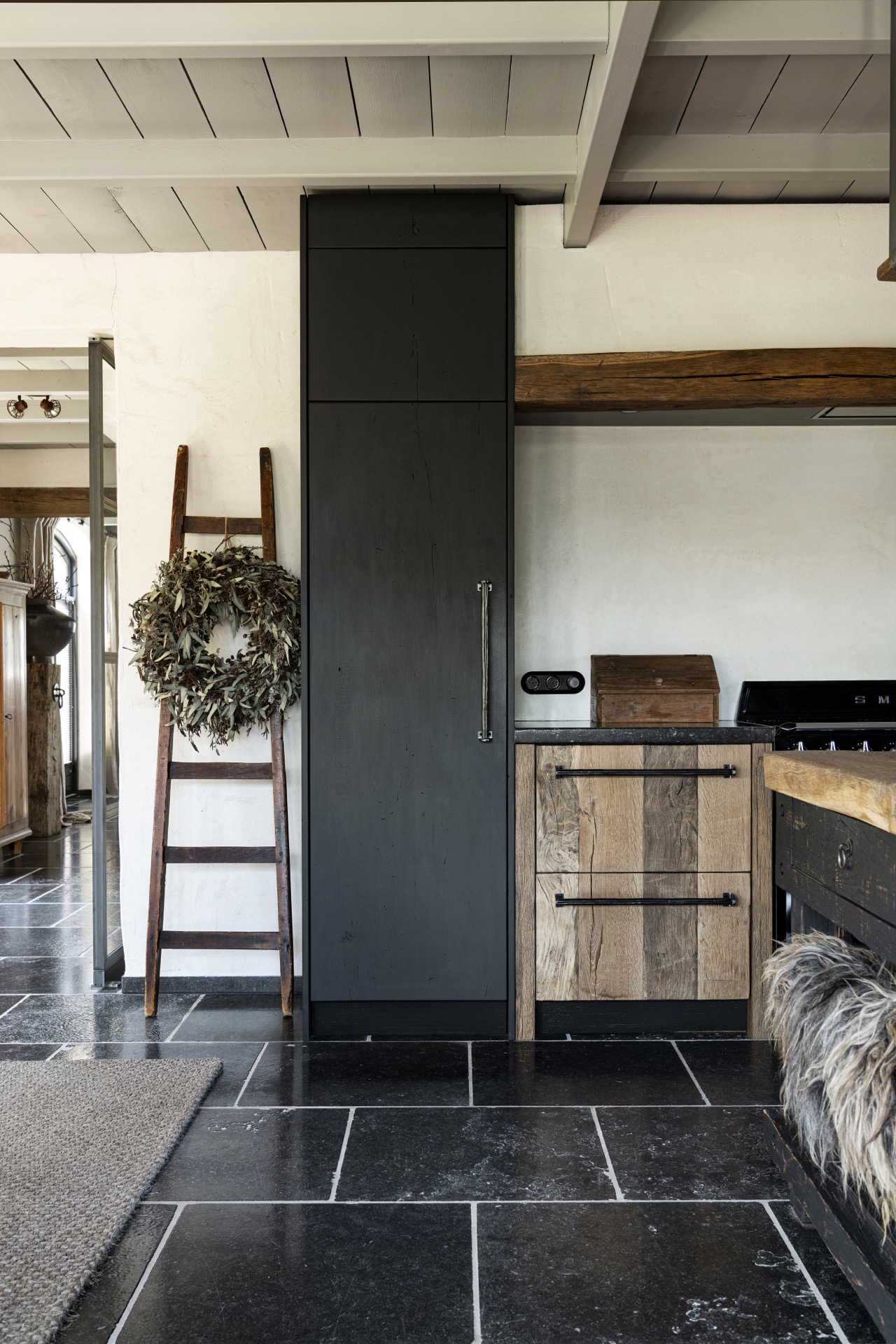 rustic country kitchen: kitchen doorway with dark door panel, beam ceiling and rustic cabinets, Luxury, Design, Exclusive, Modern, Custom Made, Special, Beautiful