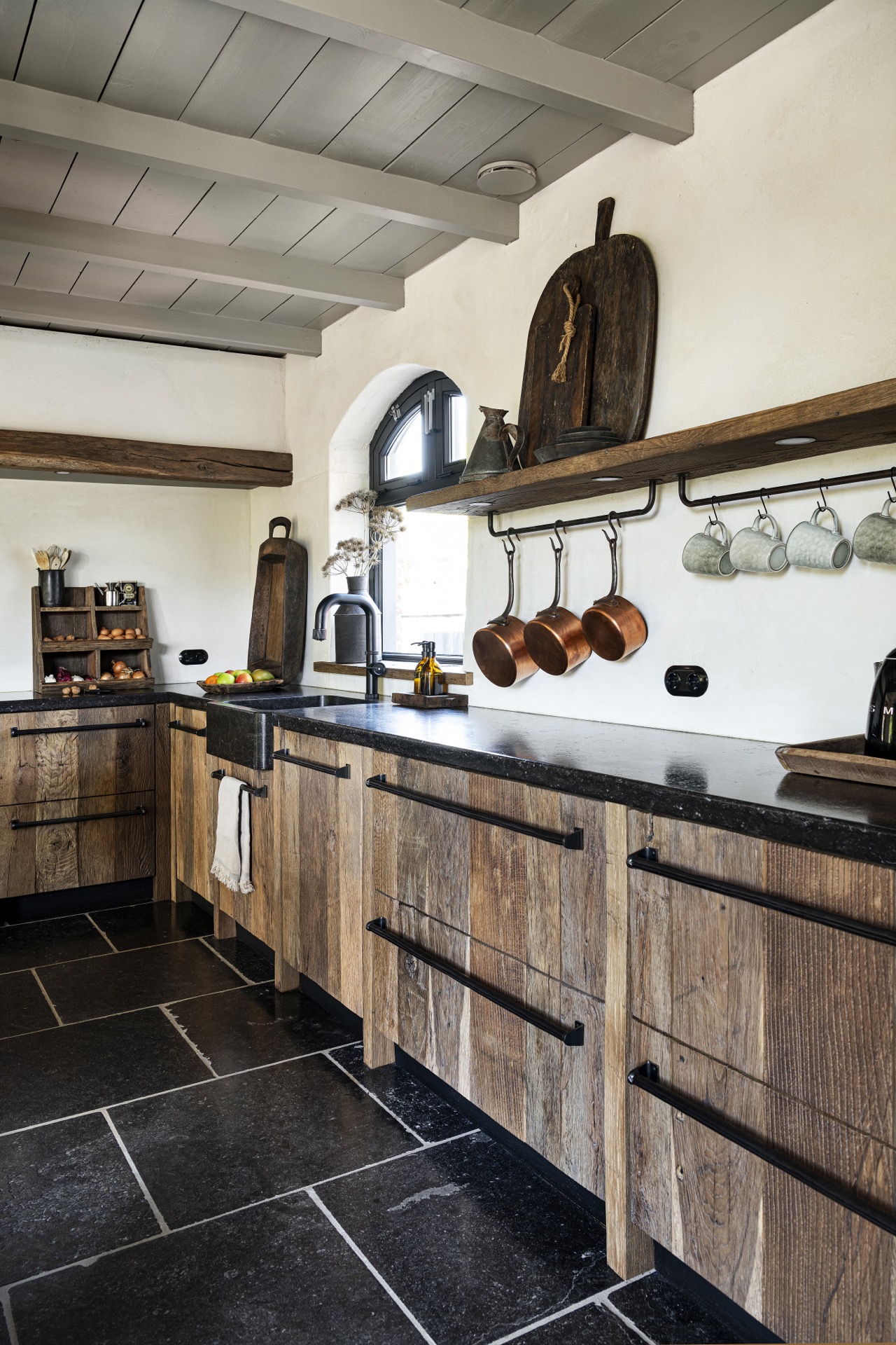 rustic country kitchen: rustic kitchen work area with arched window, stone countertop and wall pot rail, Luxury, Design, Exclusive, Modern, Custom Made, Special, Beautiful