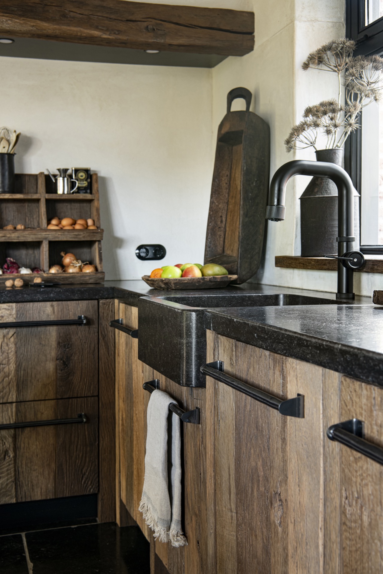 rustic country kitchen: detail of rustic kitchen sink area with faucet, dark countertop and wooden cabinets, Luxury, Design, Exclusive, Modern, Custom Made, Special, Beautiful