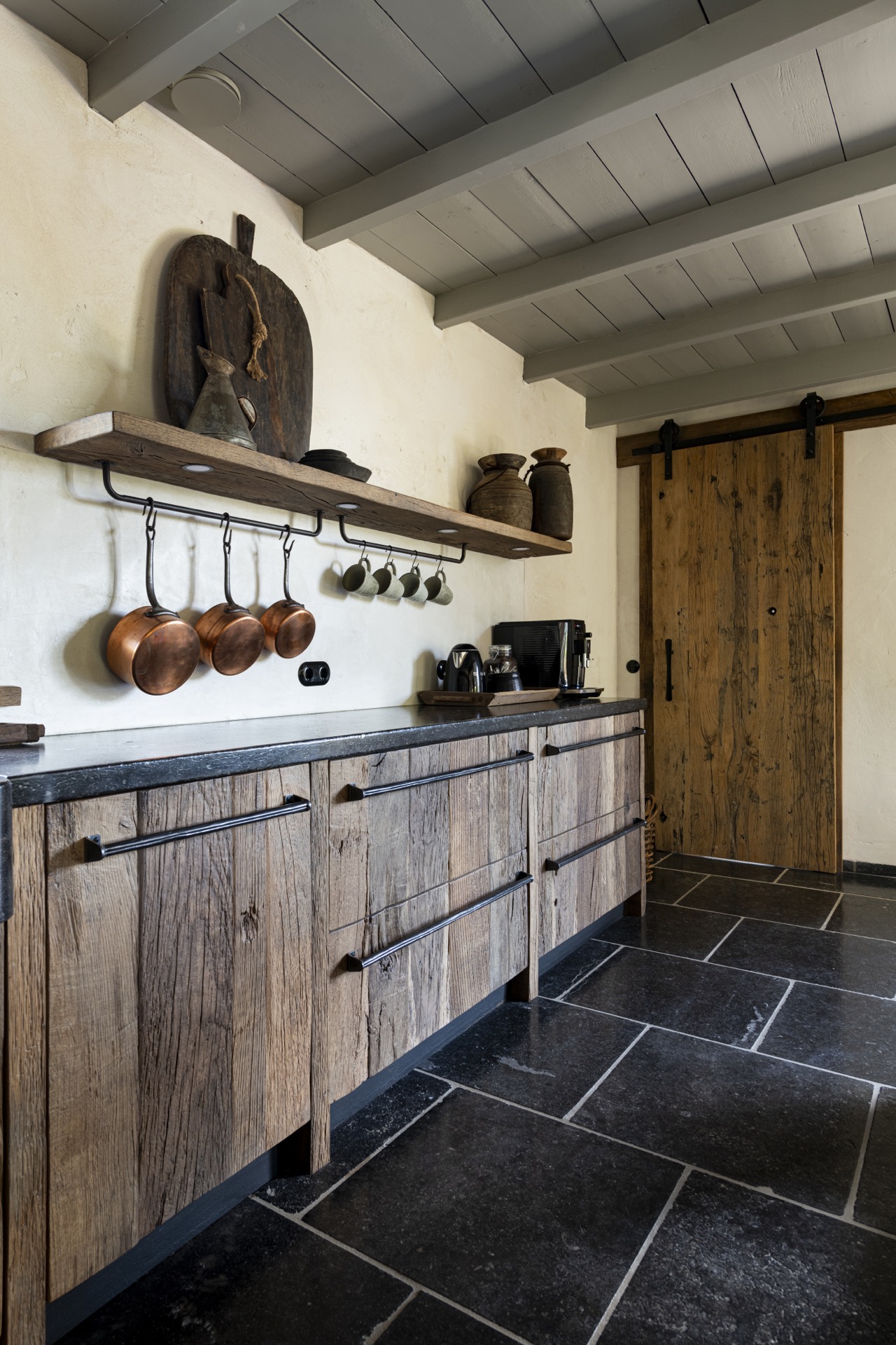 rustic country kitchen: rustic kitchen wall with pot rail, wooden shelf and dark tiled floor, Luxury, Design, Exclusive, Modern, Custom Made, Special, Beautiful