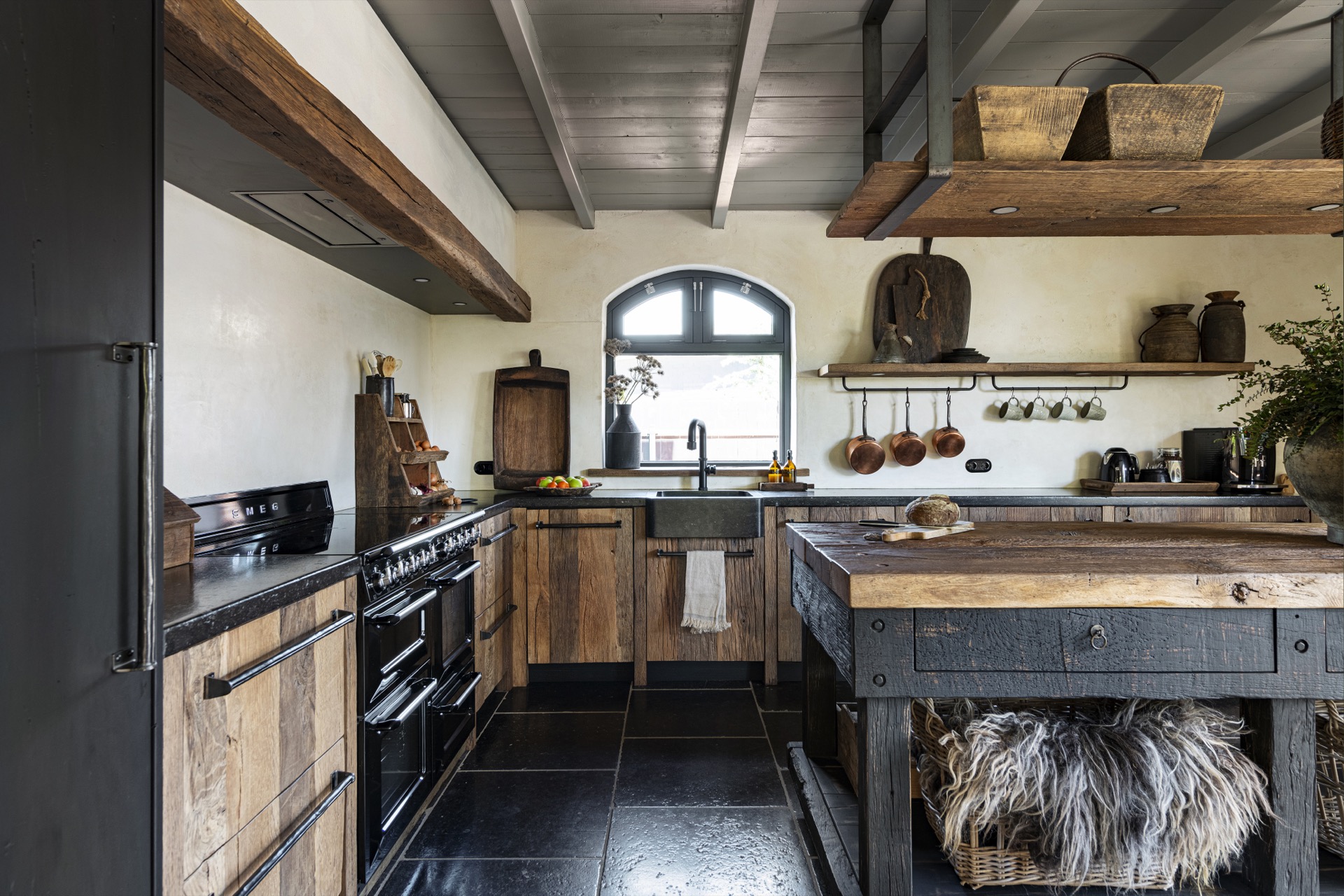 rustic country kitchen: kitchen wall with wooden cabinets, dark countertop and exposed beam ceiling, Luxury, Design, Exclusive, Modern, Custom Made, Special, Beautiful