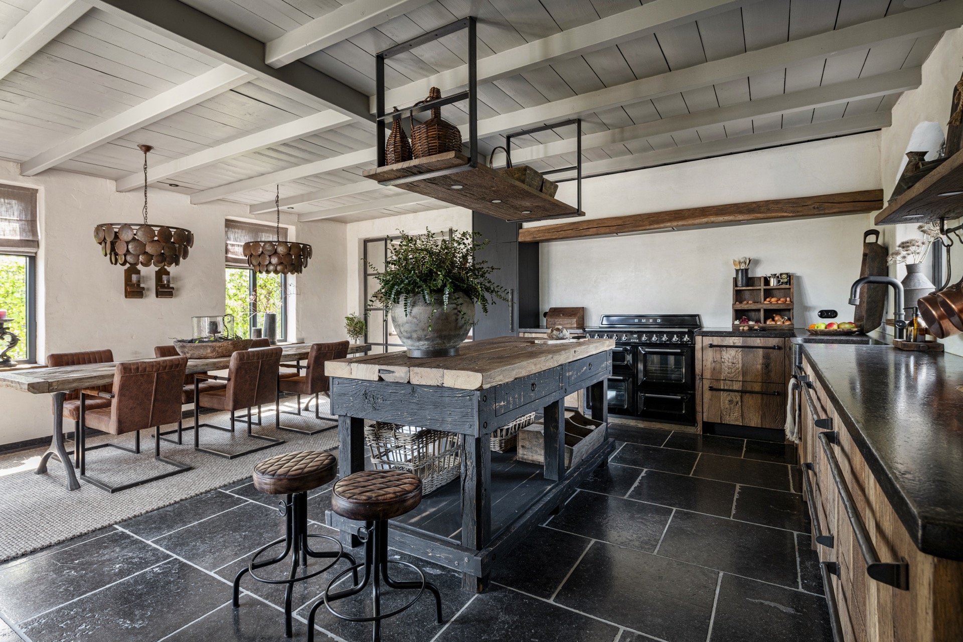 Rustic country kitchen with island, wooden top and stone-look floor tiles, Luxury, Design, Exclusive, Modern, Custom Made, Special, Beautiful