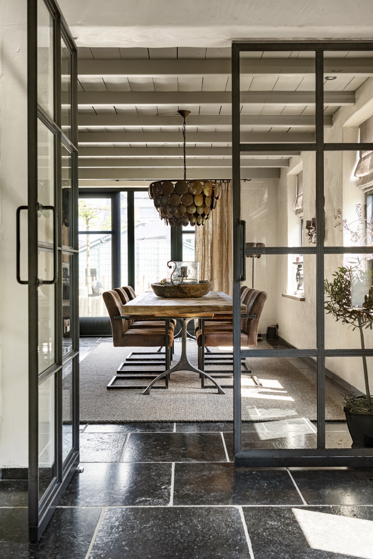 rustic country kitchen: kitchen view toward dining area through glass doors and pot cluster hanging, Luxury, Design, Exclusive, Modern, Custom Made, Special, Beautiful