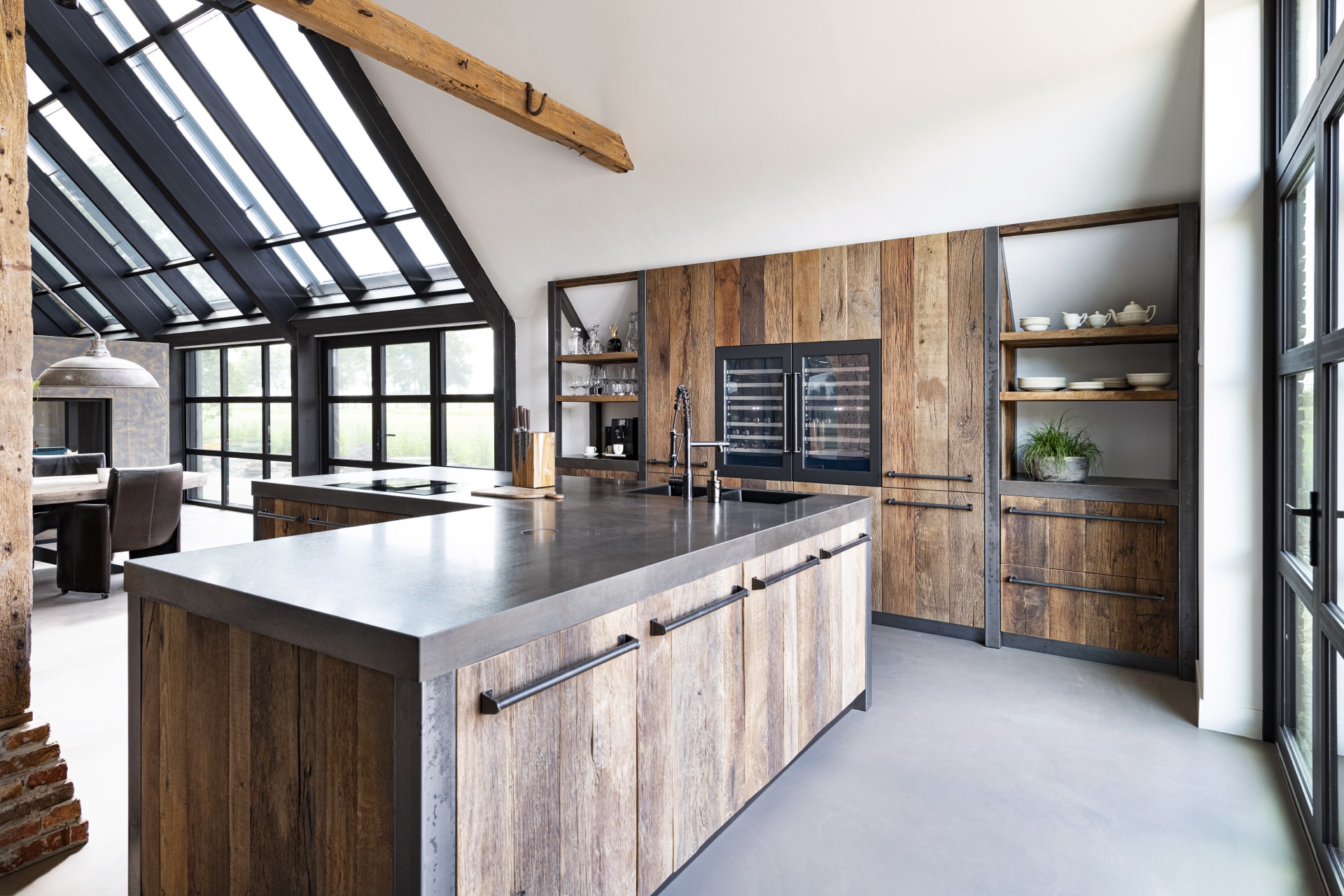 rustic industrial kitchen: wide view of kitchen with island, wooden wall cabinets and dark metal trim, Luxury, Design, Exclusive, Modern, Custom Made, Special, Beautiful