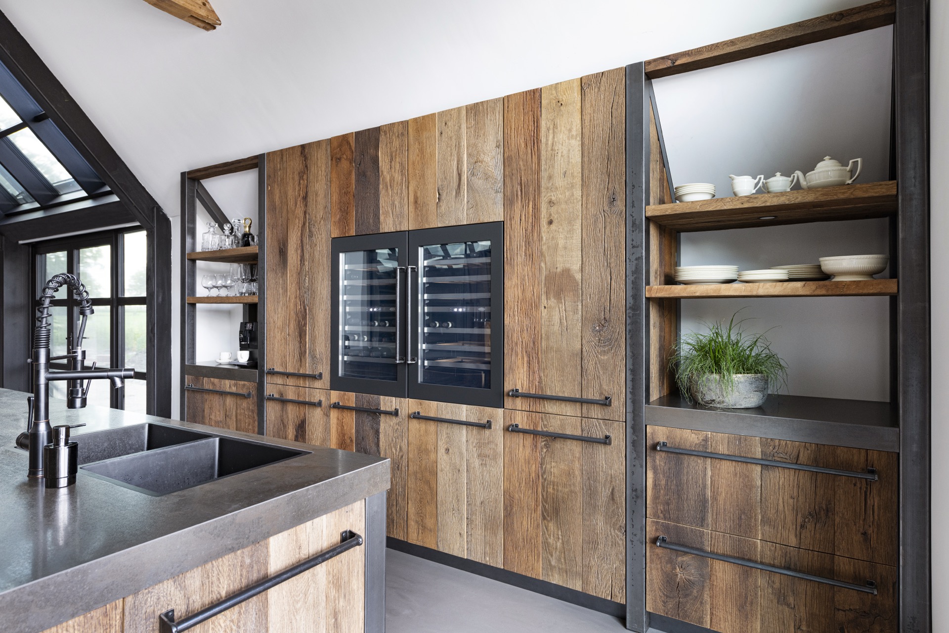rustic industrial kitchen: kitchen wall with open shelves and sink area, wood panels and dark metal trim, Luxury, Design, Exclusive, Modern, Custom Made, Special, Beautiful