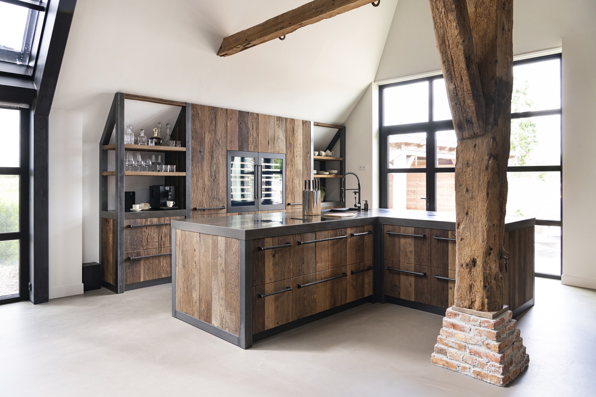 Rustic industrial kitchen with wood fronts, metal frame and kitchen island by large windows, Luxury, Design, Exclusive, Modern, Custom Made, Special, Beautiful