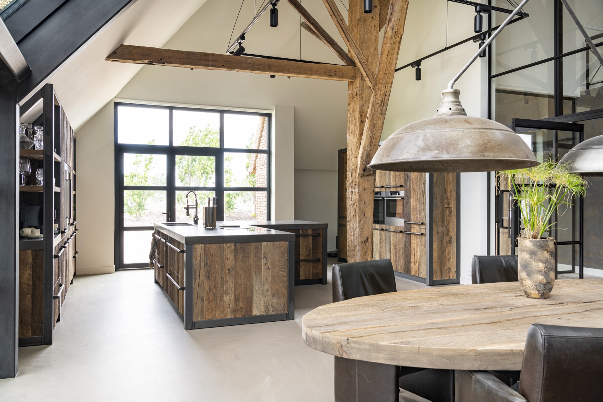 rustic industrial kitchen: kitchen with island and visible wooden beams, industrial pendant lights and dark metal frames, Luxury, Design, Exclusive, Modern, Custom Made, Special, Beautiful