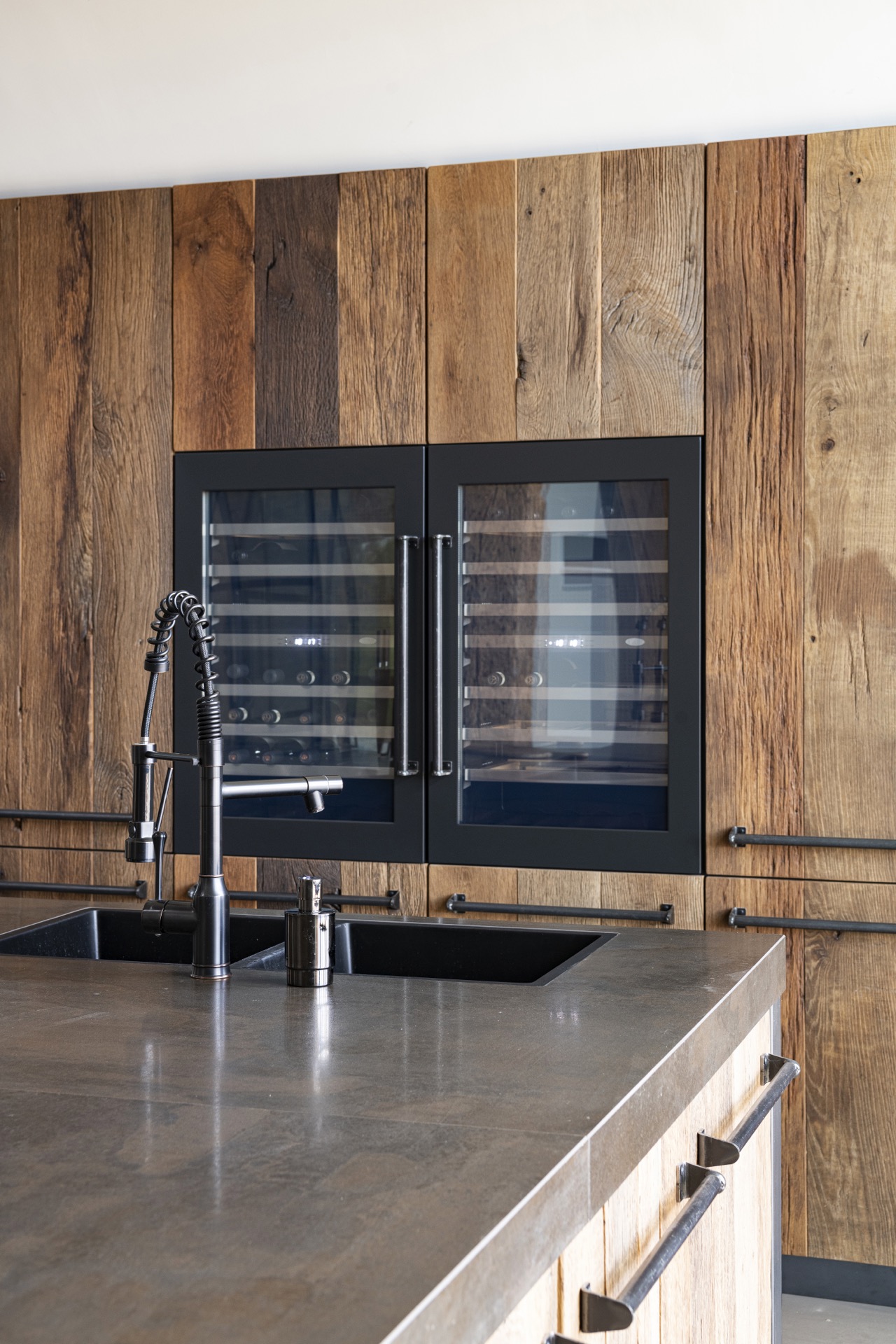 rustic industrial kitchen: double built-in oven with glass doors in a black frame above a dark worktop, Luxury, Design, Exclusive, Modern, Custom Made, Special, Beautiful